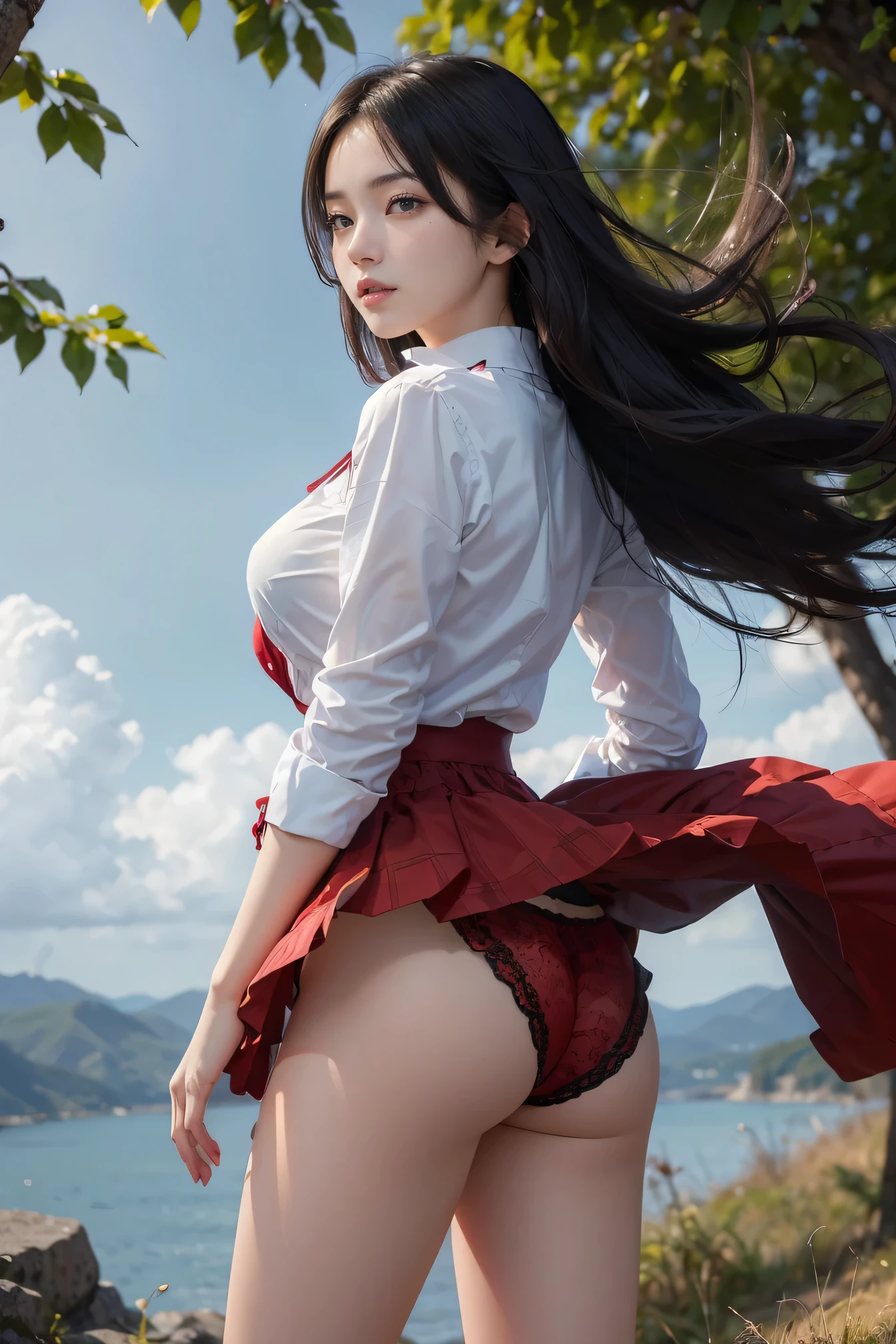 (((nffsw))), (((masutepiece))), (((8K))), (((hight resolution))), (((photographrealistic))), god rays, Zoom Layer, (((FULL BODYSHOT))), large full breasts, canon, Shiny skin,Detailed skin,Detailed face, Detailed eyes, Japan Female, , turned around, Shot from behind, long skirt, pantyshot, long hair Torn white shirt, frills skirt, The wind pulled up her skirt、The buttocks of the red lace cotton panties are perfectly visible., White sneakers, windy day, heavy wind, Windstorm,Trees swaying in the wind