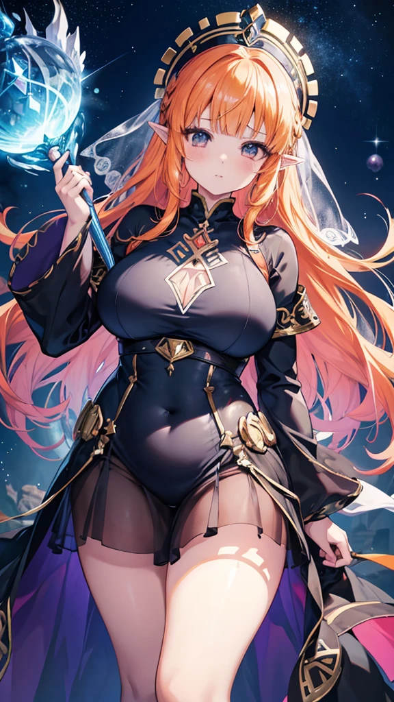 anime illustration、high resolution、fantasy、cyber punk、bitch、One bewitching very plump and plump princess with a scepter、gradient color hair、orange perm hair、cool patterned veil、black and blue ethnic attire、transparent nightgown、very short dress、very thick thighs、breath of the wild、britomart、Princess Zelda、aurora and starry sky、big breasts、exposing female genitals