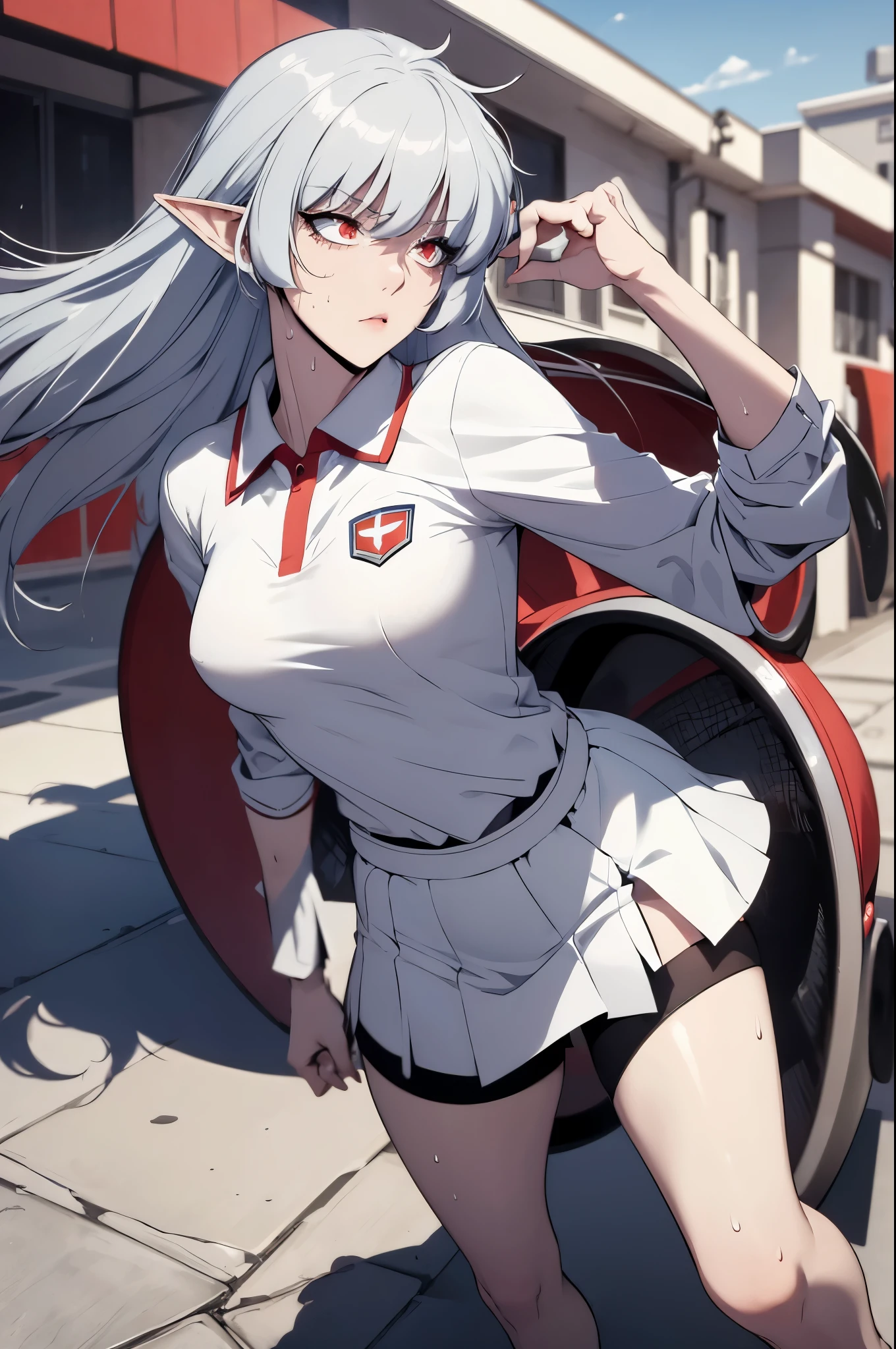 alice,vampire,grey hair, long hair, red eyes, pointy ears, small breasts,1girl, solo, white polo shirt, white sneakers, tennis wear, white miniskirt, masterpiece, best quality, realistic, hyper-detailed, (shiny skin, sweaty:1.2), absurd, looking at viewer, short red hair, red eyes, slender, dynamic lighting, high resolution, sharp focus, depth of field, detailed eyes, sharp pupils, realistic pupils, , (thick thighs:1.0), outdoor, sky
