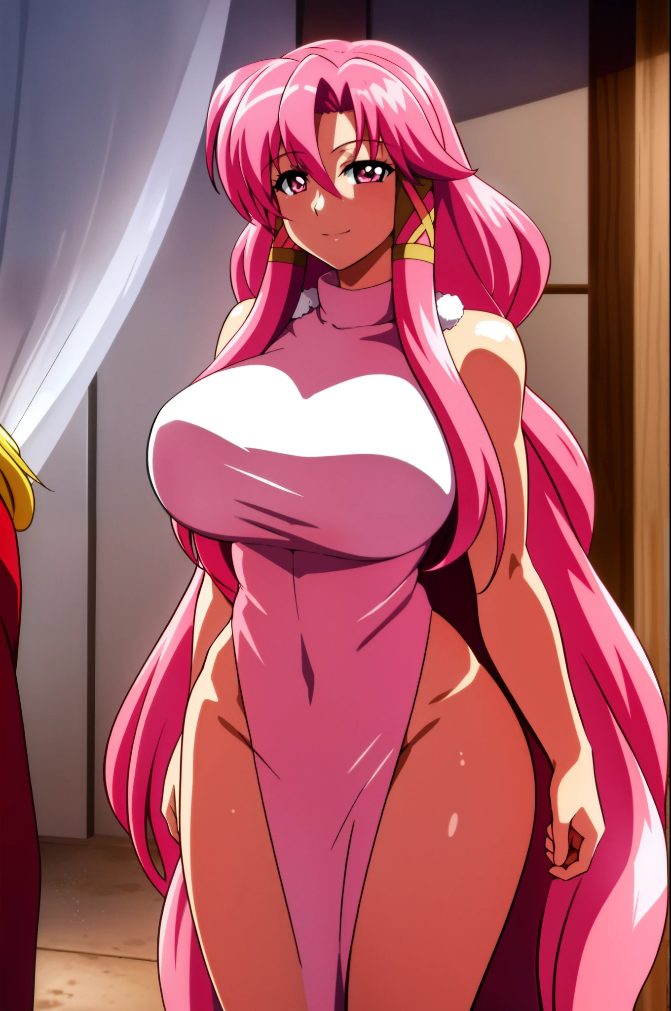 1 girl, pink haire, long haire, pink eyes, smile, sexy body, big breast, HDR, 8K, Santa Claus clothes, stand in the center, home for Christmas