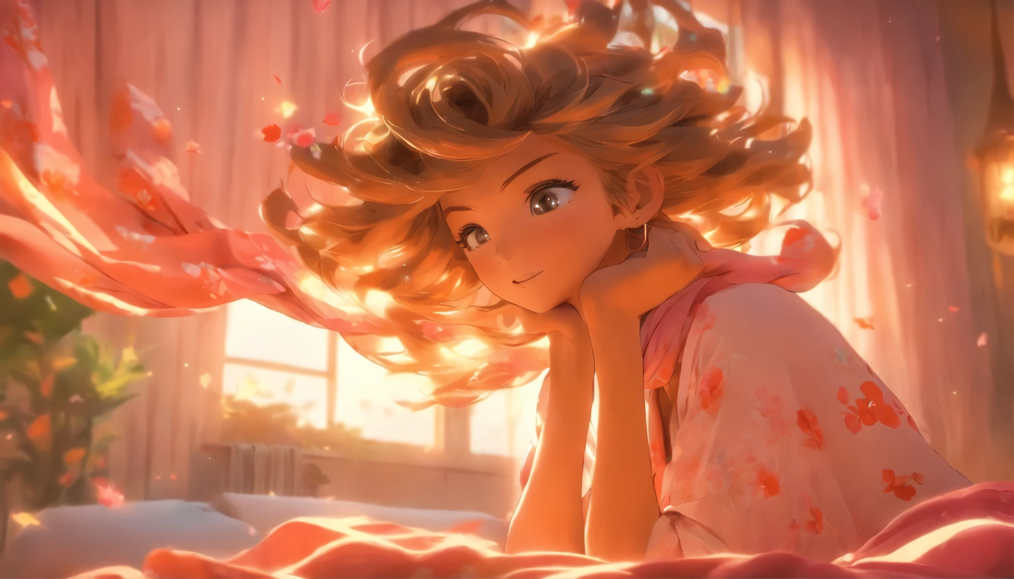 realista,mulher, nua, na cama, de joelhos, de costa,pele rosa,bunda empinada,cabelo vermelho, nas costa,bunda grande,cama grande,pink scarf,prazer,quarto de madeira,janela aberta,swinging curtains, olhos roxos brilhantes,seios de fora,blush,flores,luz solar