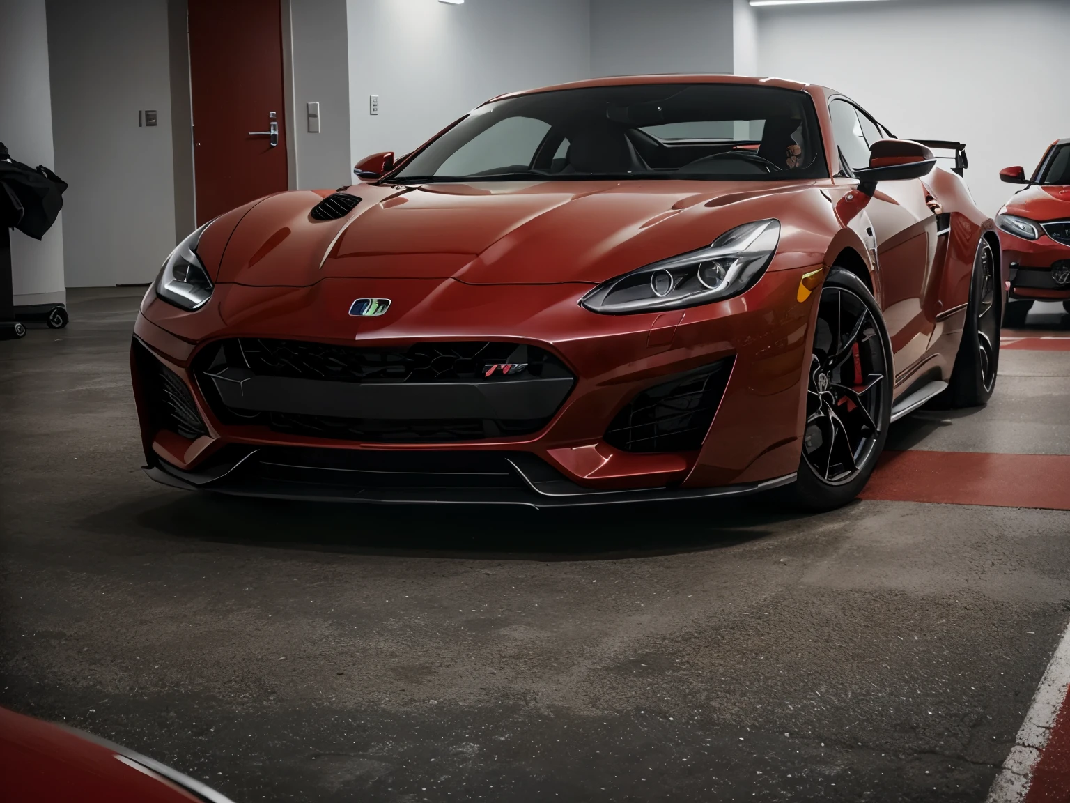 car, sport car, luxury, red color, Parked in a car showroom, no one, 8k quality, car fogus, corner view, masterpiece