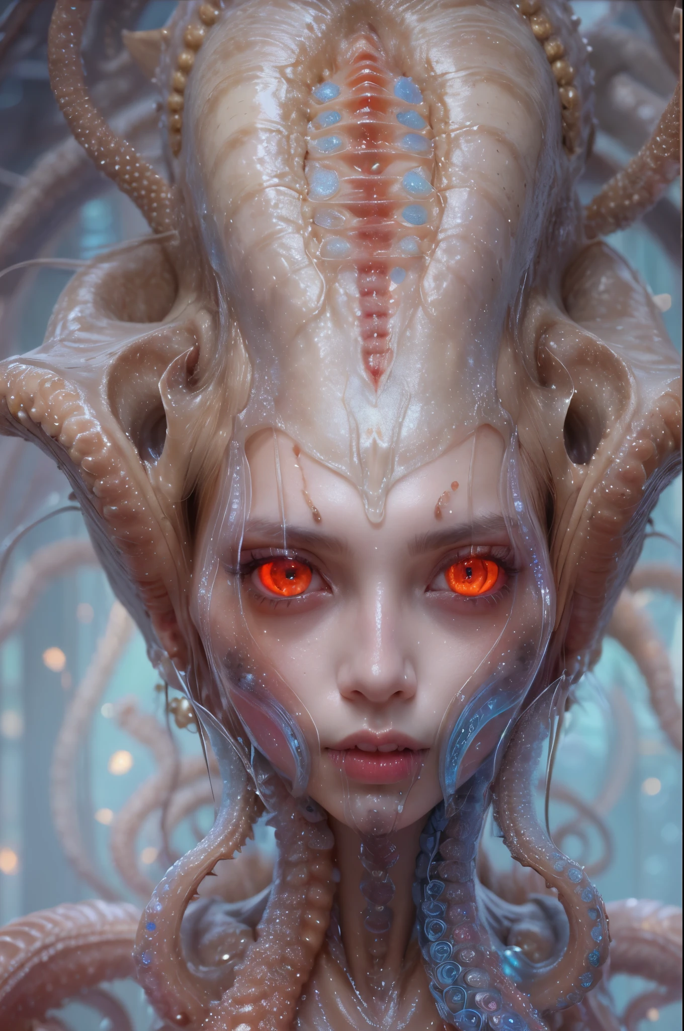 scary and sexy detailed art in color, Portrait, (beautiful and obscene female alien:1.4), (vulgarity1.5), (she has red eyes with no pupils:1.8), (Translucent skin:1.7),  (There is a female genital-like organ in the middle of the forehead:1.9), (The most beautiful face in the history of the universe:1.2),an evil gaze that seduces, (large mouth:1.1), (sharp teeth like a vampire:1.2), Full body portrait, (bio luminescent:1.5), (Smile wickedly:1.3),  (sexypose:1.5), alien, No humans, cells are fused, (Lots of translucent tentacles:1.3) extraterrestrial, cell, bio image, best quality, 8K,In 4K_quality, High freshness, Dramatic Lighting, masutepiece:1.5,cinematic quality, detail up, (exquisite details:1.2), high resolution, High freshness, drawing faithfully, (Thick eyebrows:1.2), Beautiful eyes with fine symmetry,(Highly detailed face and eyes:1.2), Intimate face, (Super detailed skin quality feeling:1.4), perfect anatomy,  (Beautiful toned body:1.5),  (Moist skin:1.2), not wearing makeup, (dark circles:1.1), long canines, cinematic drawing of characters, ultra high quality model, cinematic quality, detail up, (exquisite details:1.2), high resolution, High freshness, drawing faithfully, official art, Unity 8K Wall  , 8K Portrait, best quality, Very high resolution, ultra detailed artistic photography, midnight aura,  unreal engine 5, Ultra Sharp Focus, art by Amano Yoshitaka, ArtGerm, Roisch, intricate artwork, best quality, masterpiece, ultra high resolution, (photos realistic:1.4), ultra realistic realism, dream-like, nautilus, Creation of fantasy, Snail, Dream Snail, (biopunk nautilus:1.3),Thrilling color schemes, ultra realistic realism, seductively smiling, Blue tentacles,