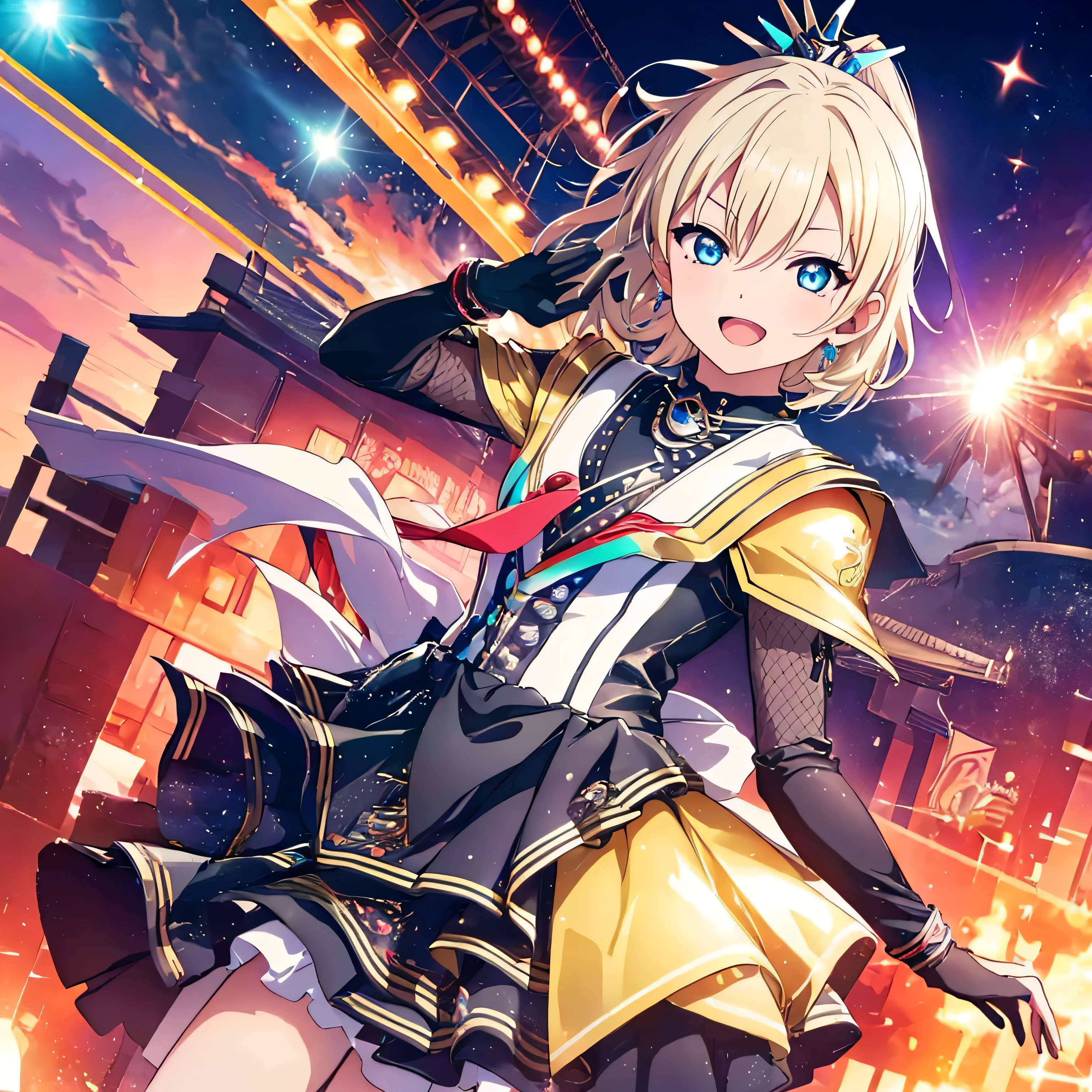 Black Gloves, beautiful boy, {{{{{one person is depicted}}}}}, {{{{{berry berry short hair}}}}}, {{{{{Anime guy with blonde side tails and blue colored eyes and blue sailor suit}}}}}、man&#39;s chest, white shirt, flat bust, headset, man dressed as a woman,cute smile, black knee socks,Women&#39;s clothing for men, winking, Dairy-free, フラット anime styleのシェーディング, anime styleで、pixiv、anime styleのポートレート、short、きれいで詳細なanime style、anime style、anime style、{{{{{jumping}}}}}, Flying on the sea guerilla live stage, Have fun in a tropical atmosphere, detailed background、(official art、{{{{{full body angle}}}}},best quality、Unity 8k wallpaper、At 32K、masterpiece、Super detailed、ultra high resolution, real、hold your hair with your right hand, photorealistic:1.2)、(cinematic lighting:1.2)、lovelive!, Angle looking down from above,excited look,perfect skeleton,{{{{{perfect human medicine}}}}} ,open mouth smile, Navel exposed, idol pose,Johnny&#39;s,Detailed highlights on the eyes, white hair accessories, fancy lighting, neutral body,singing, dark blonde hair