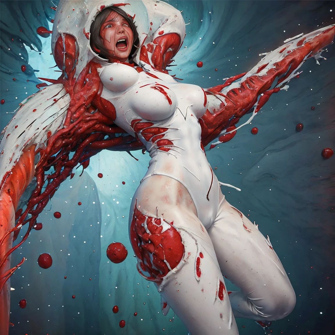 Woman thin, white body suit. Inside an organic flesh tube with giant disk blood cells. The bloodcell is attacking her by merging with her. She is scared crying and yelling