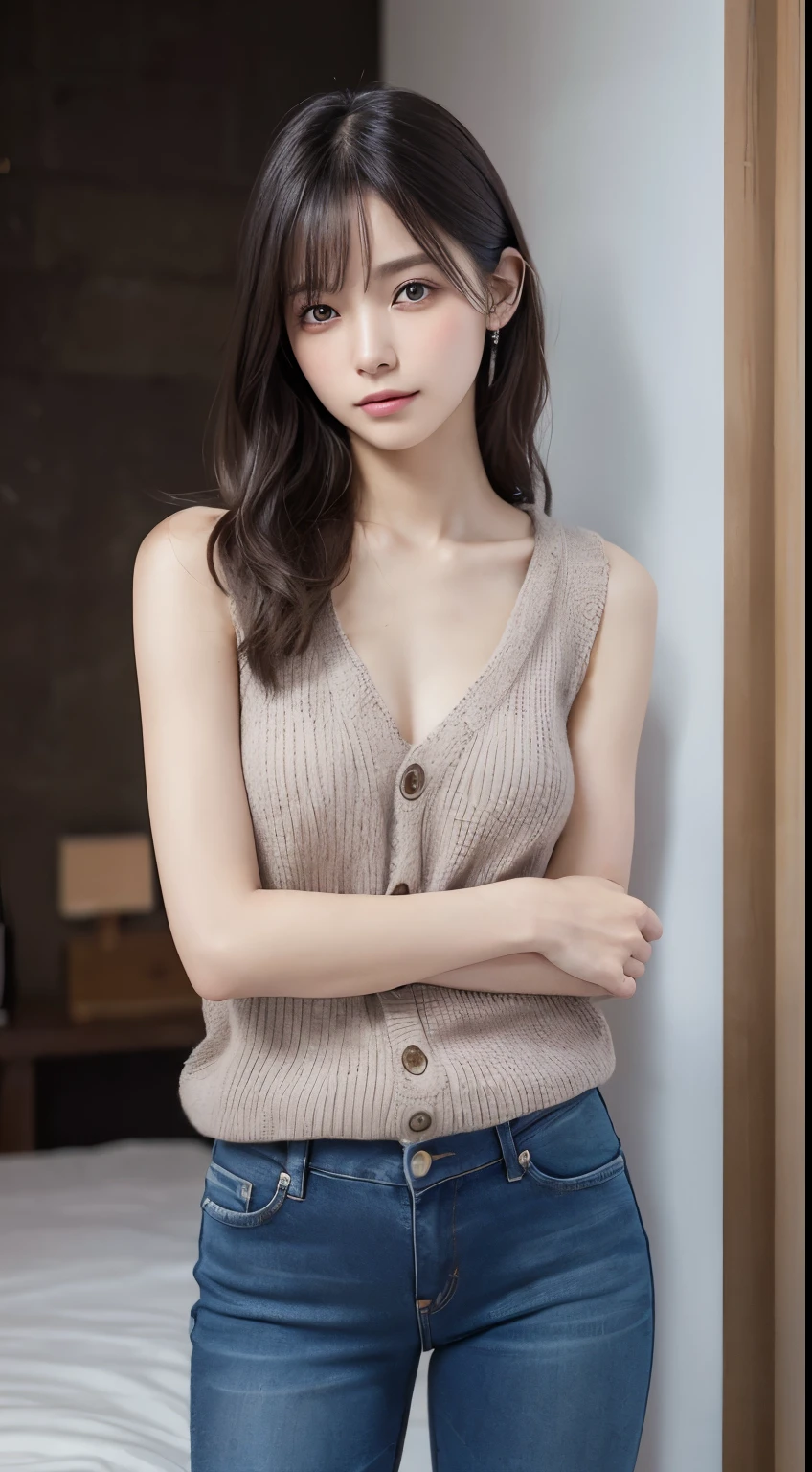 innocent 18 year old girl、((Wear sleeveless knitwear in random colors,skinny distressed jeans,dramatic pose)),cute face,bright eyes,tear bag,shy smile,shortcut,bed background,Raw photo, (8K、highest quality、masterpiece:1.2)、(intricate details:1.4)、(photorealistic:1.4)、octane rendering、Intricate 3D rendering super detailed, studio soft light, rim light, vivid details, super detail, realistic skin texture, details face, beautiful detail eyes, Highly detailed CG Unity 16k wallpaper, Makeup, (Detailed background:1.2), shiny skin, whole body、Draw from head to knees,((Pinch your chest with your arms,stand with legs apart))