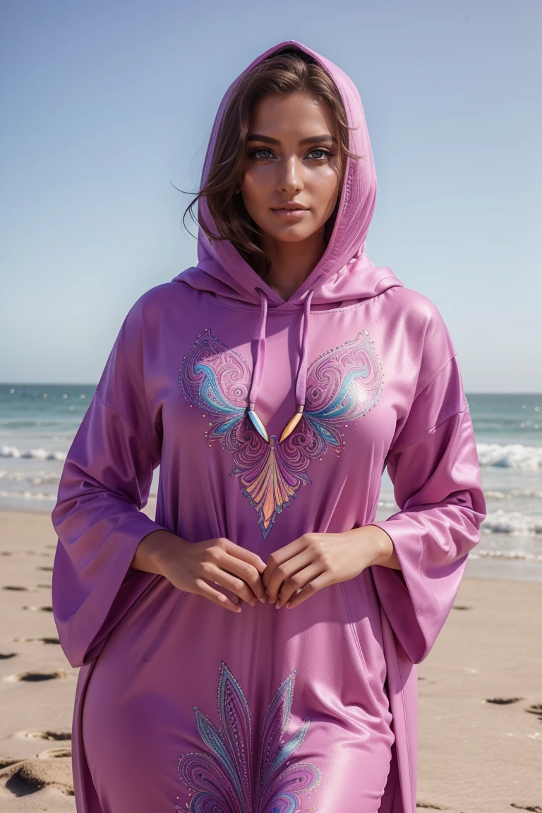 Instagram-Models posieren in beach of Casablanca, in colorful futuristic kaftan hoodie, full entire body, beautiful detailed eyes, beautifully detailed lips, extremely detailed eyes and face, kurzes, welliges rosa Haar ((best qulaity)), ((Meisterwerk)), (detailliert), perfektes Gesicht, full entire body