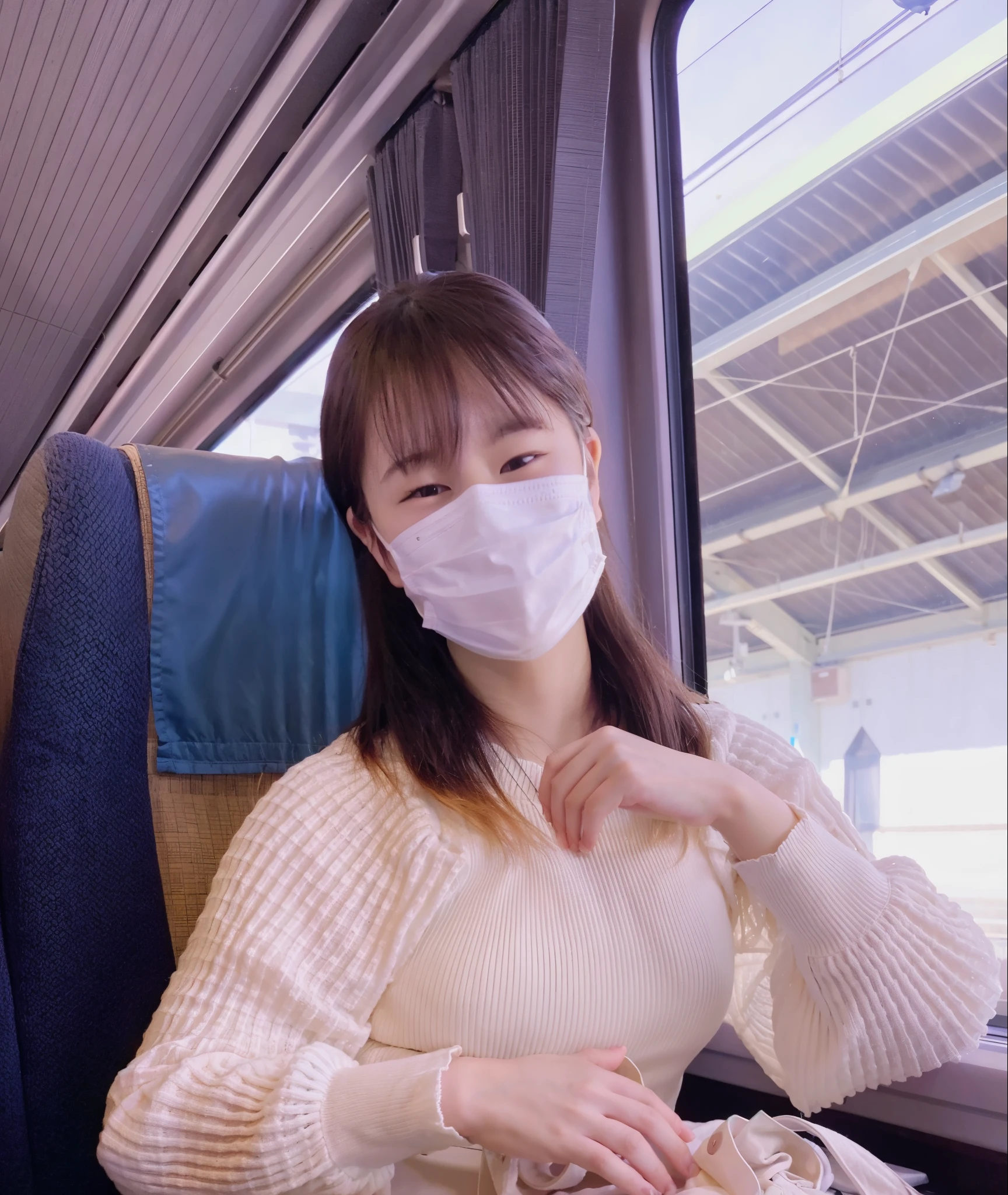 Sitting in a train seat,naked,young woman,shy,mask,have a bag