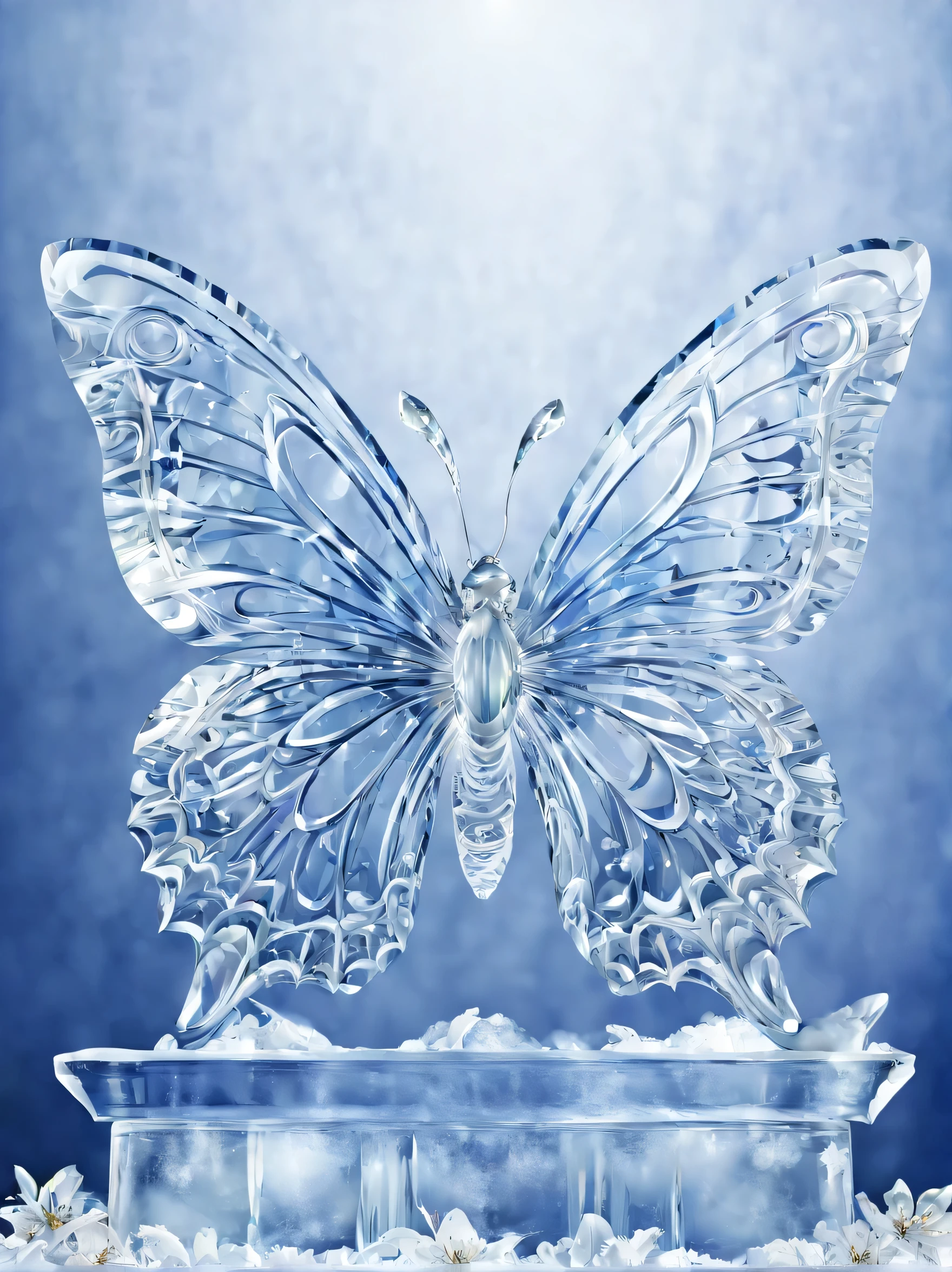 (Symmetrical:1.3),Charming ice sculpture of majestic butterfly, Many frozen flowers，Graceful wings and exquisite details highlight its mysterious nature, Use the translucency of ice to add an ethereal feel，Let light shine in from outside，illuminate sculpture, (((((Vector art abstract design))))) (Very hard to pass:2)