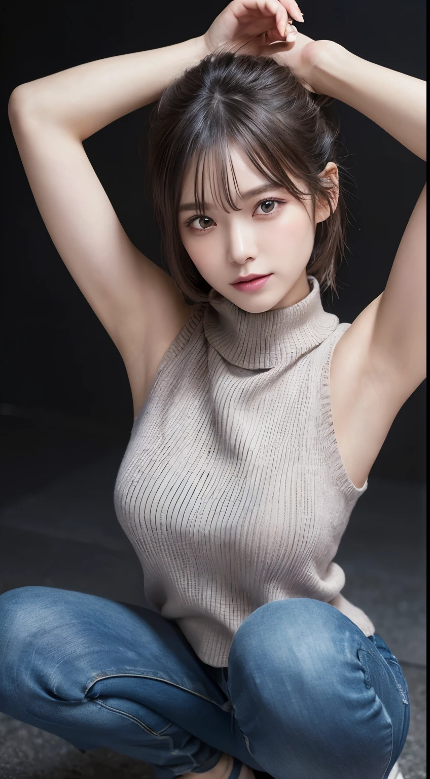 innocent 18 year old girl、((Wear sleeveless knitwear in random colors,skinny distressed jeans,dramatic pose)),cute face,bright eyes,tear bag,shy smile,shortcut,bed background,Raw photo, (8K、highest quality、masterpiece:1.2)、(intricate details:1.4)、(photorealistic:1.4)、octane rendering、Intricate 3D rendering super detailed, studio soft light, rim light, vivid details, super detail, realistic skin texture, details face, beautiful detail eyes, Highly detailed CG Unity 16k wallpaper, Makeup, (Detailed background:1.2), shiny skin, whole body、Draw from head to knees,((raise your arms,squat with legs apart))