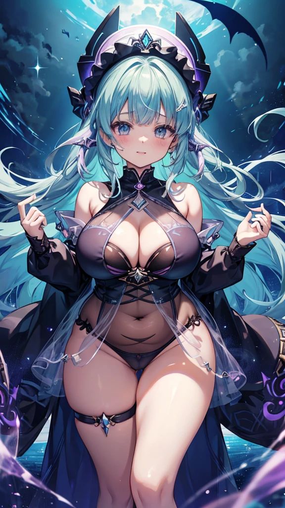 anime illustration、high resolution、fantasy、cyber punk、bitch、One bewitching very plump and plump princess、gradient color hair、orange perm hair、cool patterned veil、transparent nightgown、very thick thighs、breath of the wild、britomart、Princess Zelda、aurora and starry sky、big breasts、Exposing female genitalia、full nude、bewitching laughter