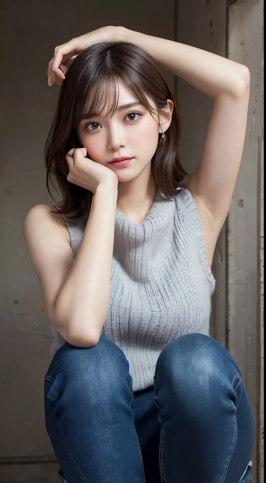 innocent 18 year old girl、((Wear sleeveless knitwear in random colors,skinny distressed jeans,dramatic pose)),cute face,bright eyes,tear bag,shy smile,shortcut,bed background,Raw photo, (8K、highest quality、masterpiece:1.2)、(intricate details:1.4)、(photorealistic:1.4)、octane rendering、Intricate 3D rendering super detailed, studio soft light, rim light, vivid details, super detail, realistic skin texture, details face, beautiful detail eyes, Highly detailed CG Unity 16k wallpaper, Makeup, (Detailed background:1.2), shiny skin, whole body、Draw from head to knees,((raise your arms,squat with legs apart))