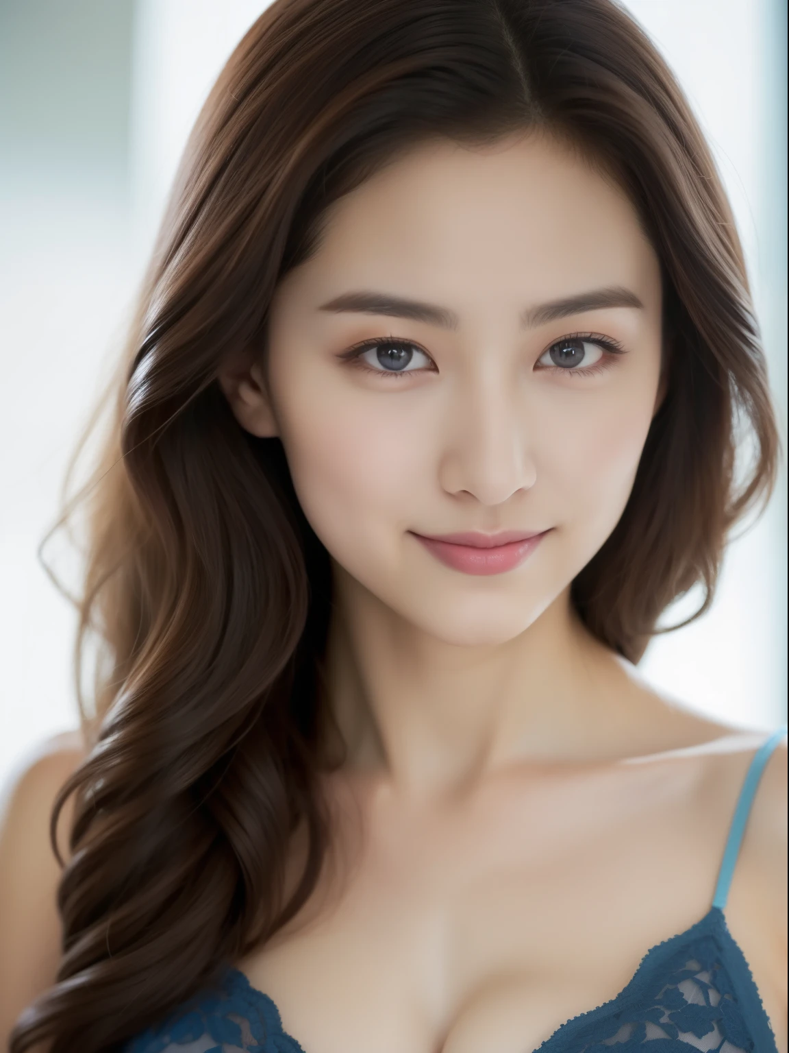 beautiful 30 year old woman。She is wearing a tight camisole of light blue-gray satin fabric。Black lace on chest and hem.。sweet smile。her dark brown hair 、her hair is long and curly。High resolution、masterpiece、highest quality、head w:1.4、((Hasselblad Photos))、fine skin、fine knit、(movie lighting)、clavicle