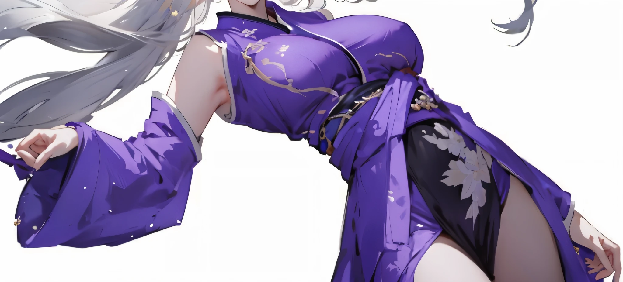 1 girl，Heroine，Handsome，Splash ink，（full body portrait），（（2.5D）），white hair，floating hair strandquisite eyes，Purple antique brocade Hanfu，fov，（f1.8），（masterpiece)，(portrait shot)，front shot,White background，Character design sheet，thin waist，Big breasts sagging，Gold outlined，