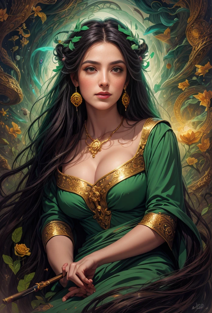 um retrato de(( uma mulher cigana )) cabelos longos negros e cacheados enfeitados com rosas, a mais bela das mulheres, olhos verdes sedutores, in high definition, em 8K, de 18 anos, Deusa do Mar, Deusa do Oceano, Luthien, arte de deusa, Deusa da mitologia grega, Deusa da Lua, Deusa do amor e da paz, deusa bonito, Mitologia da Deusa da Terra, The Mother Goddess, Um retrato impressionante de uma deusa, Frank Kelly Freas, Estilo Karol Bak, ((beautiful face)), Ultra Definition, melhor qualidade, 32k ultra , Ultra HD