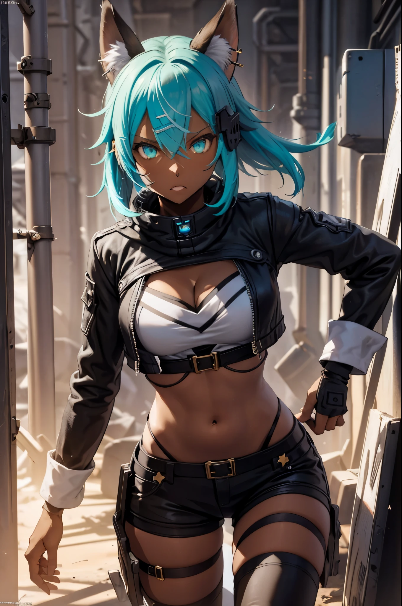 8K, Best Quality, Masterpiece, Ultra High Resolution, girl, short blue hair color, (short length cyan blue hair, disheveled hair), bright blue eyes, 1girl, black and white fox ears with piercings, blue hair, fantasy world, dark skin, dark skinned, 15 year old girl, big ass, black skin toned girl, black girl, fox ears, dark skin, dark skin toned girl, ranger,  bandit girl, outside, badlands, wearing bandits attire, rough looking outfit, a very worn outfit, wearing light clothing, has fox ears, out in the wastelands, in a wasteland, out in the middle of nowhere, on a dirt road in a savannah, on a large rock, lying on her stomach aiming her sniper rifle, looking through the scope, in combat, epic battle, sinon1, holding her sniper rifle while looking through the scope lens ready to fire