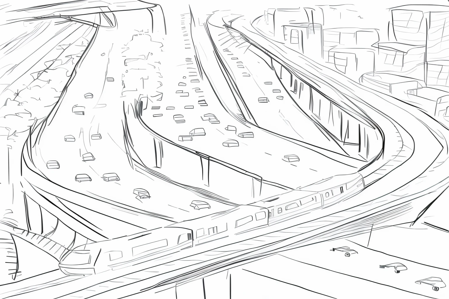Crossing highway illustration,There a high-speed train passing through it, anime city, work concept art, line art behavior hd, concept film、overpass、There a plane、overpass上面有川流不息的汽车,There are tall buildings behind、National trend style、flat style