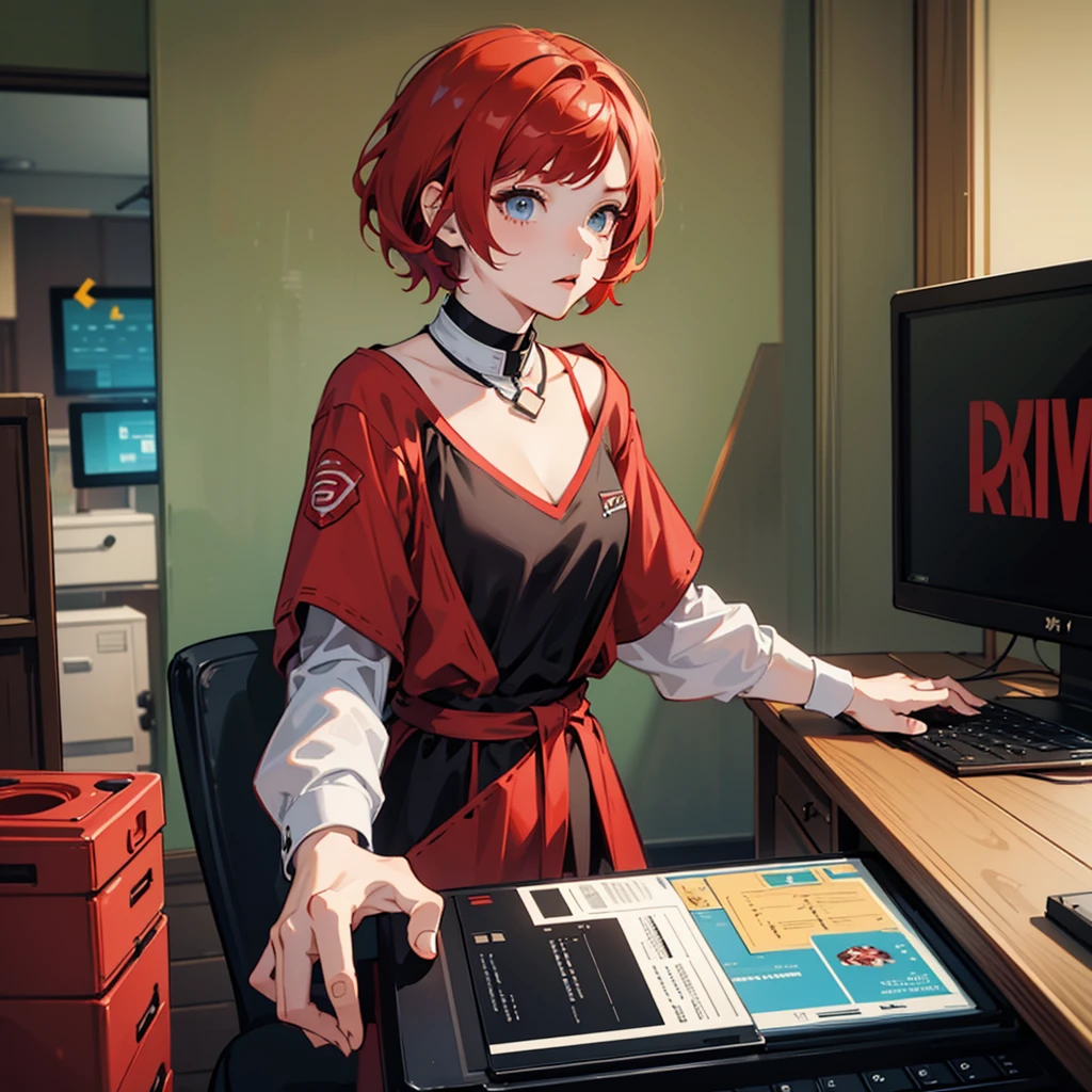 In a rental house,A red-haired girl playing computer games,avatar,close shot,red short hair,,happy,love brain,Like the next year,a cute girl,32k,many details