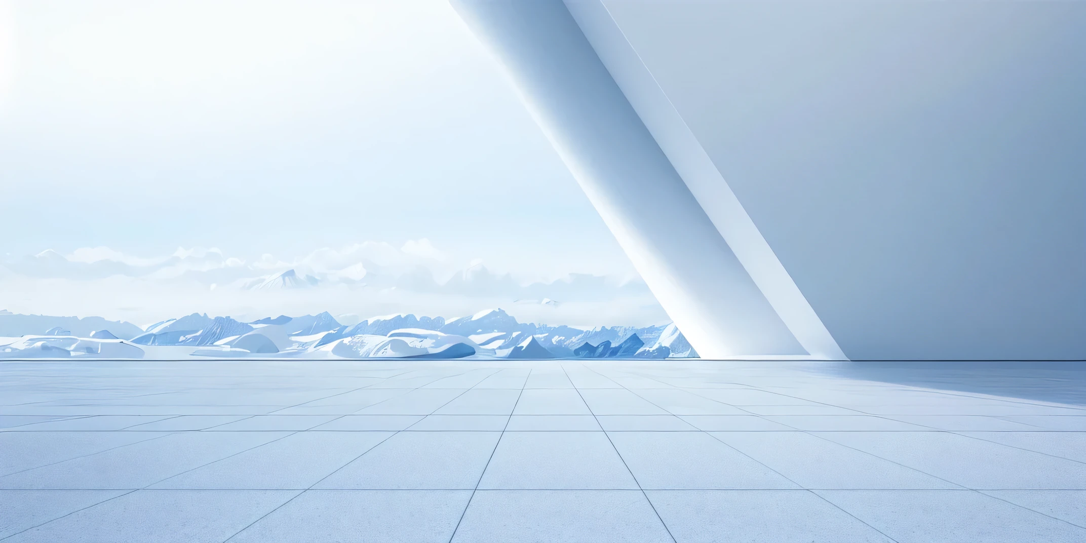 There a big white room,The background the sky and mountains, sloping dynamic white rock floor, detailed landscape — 宽度 672, clean rendering, Clear and smooth lines, white environment background, smooth white environment, detailed landscape, clean digital rendering, Smooth surface rendering, futuristic landscape, desolate landscape, Background image, Render in enscape, Beautiful landscape rendering