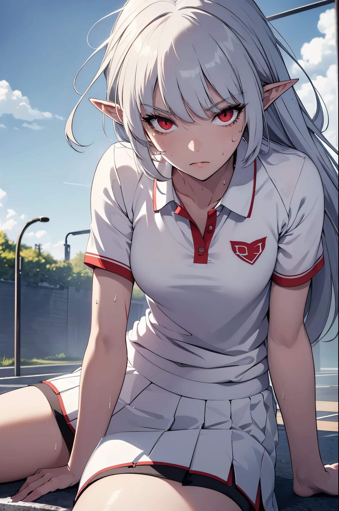 alice,vampire,grey hair, long hair, red eyes, pointy ears, small breasts,1girl, solo, white polo shirt, white sneakers, tennis wear, white miniskirt, masterpiece, best quality, realistic, hyper-detailed, (shiny skin, sweaty:1.2), absurd, looking at viewer, short red hair, red eyes, slender, dynamic lighting, high resolution, sharp focus, depth of field, detailed eyes, sharp pupils, realistic pupils, , (thick thighs:1.0), outdoor, sky
