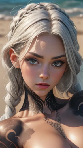 ((trabalho de arte)), ((melhor qualidade)), ((directly in sight):1.6), (tiro de vaqueiro): 1.0), (hard Luzing, volumetric Luzing: 1.0). Uma mulher, 26 anos de idade, ((platina_cabelo)), branco, silver cabelo, long cabelo, dreadlocks, platina eyebrows, ((platina_cabelo):1.0), garota linda, ((perfeito_face)), perfeito facial proportions, tamanho de olho adequado, formato de nariz adequado, Luz_verde_olhos, pele clara, pale complexion, ((perfeito_face):1.2), (perfeito body: 1.0), tatuagem tribal no corpo. --Com: 0.4
