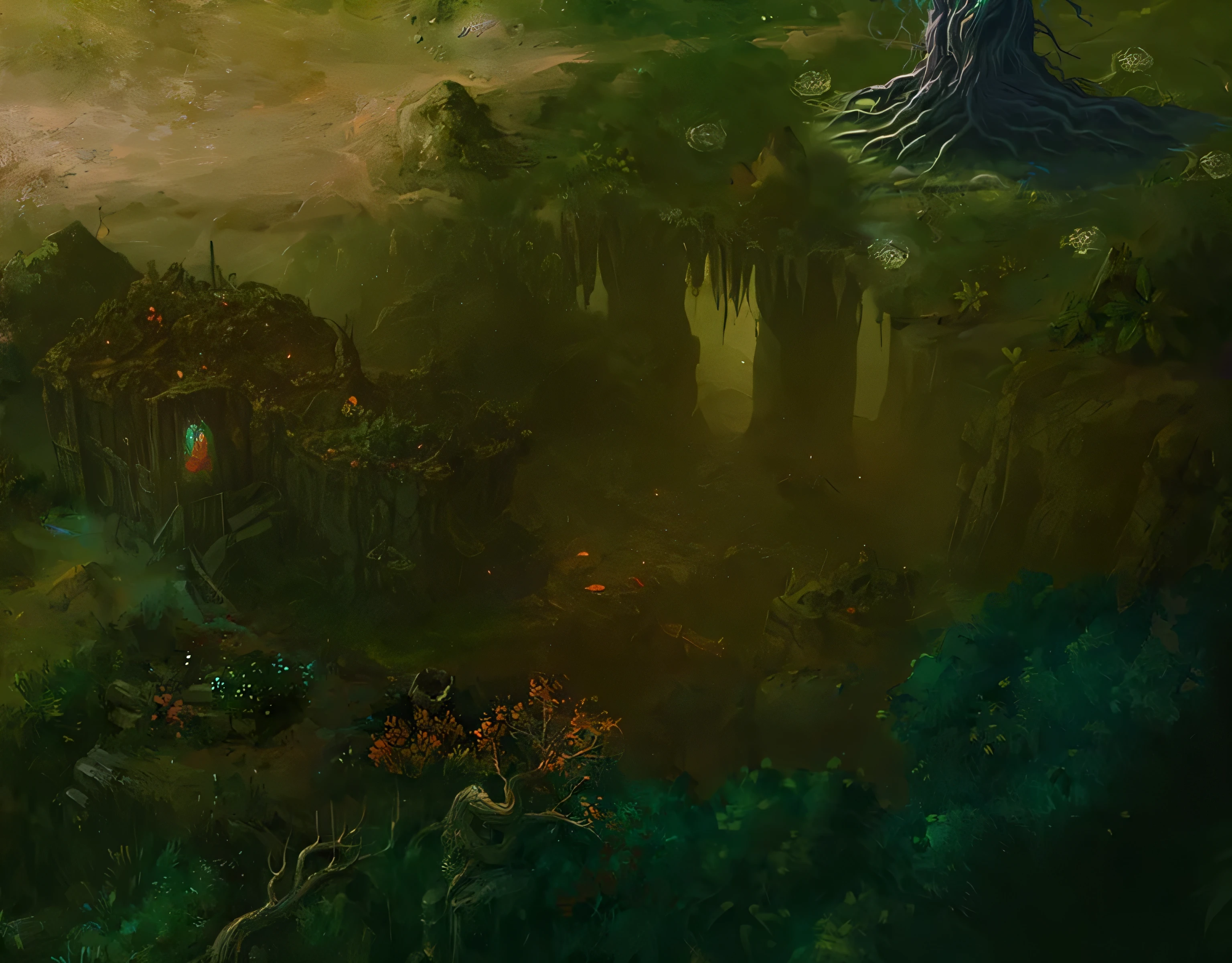 dark fantasy scene，dark world of warcraft，atmosphere，dark，weird light，Epic of Cthulhu concept，monster cave, painted as a game concept art, Demonic terrain，atmosphere，dark气息，Dota! matte painting concept art, Detailed digital 2D fantasy art, Detailed game art, Dota matte painting concept art, scenery game concept art,top vieame map matte painting, background artwork, concept art highly detailed, concept art. epic scenery, RPG landscape