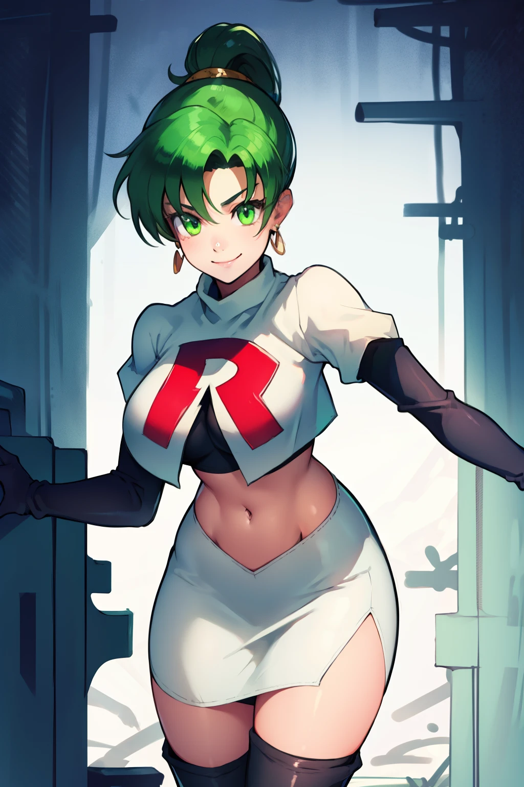 lyn, ponytail, green eyes, green hair, earrings ,team rocket uniform, red letter R, white skirt,white crop top,black thigh-high boots, black elbow gloves, evil smile, looking at viewer, cowboy shot, 