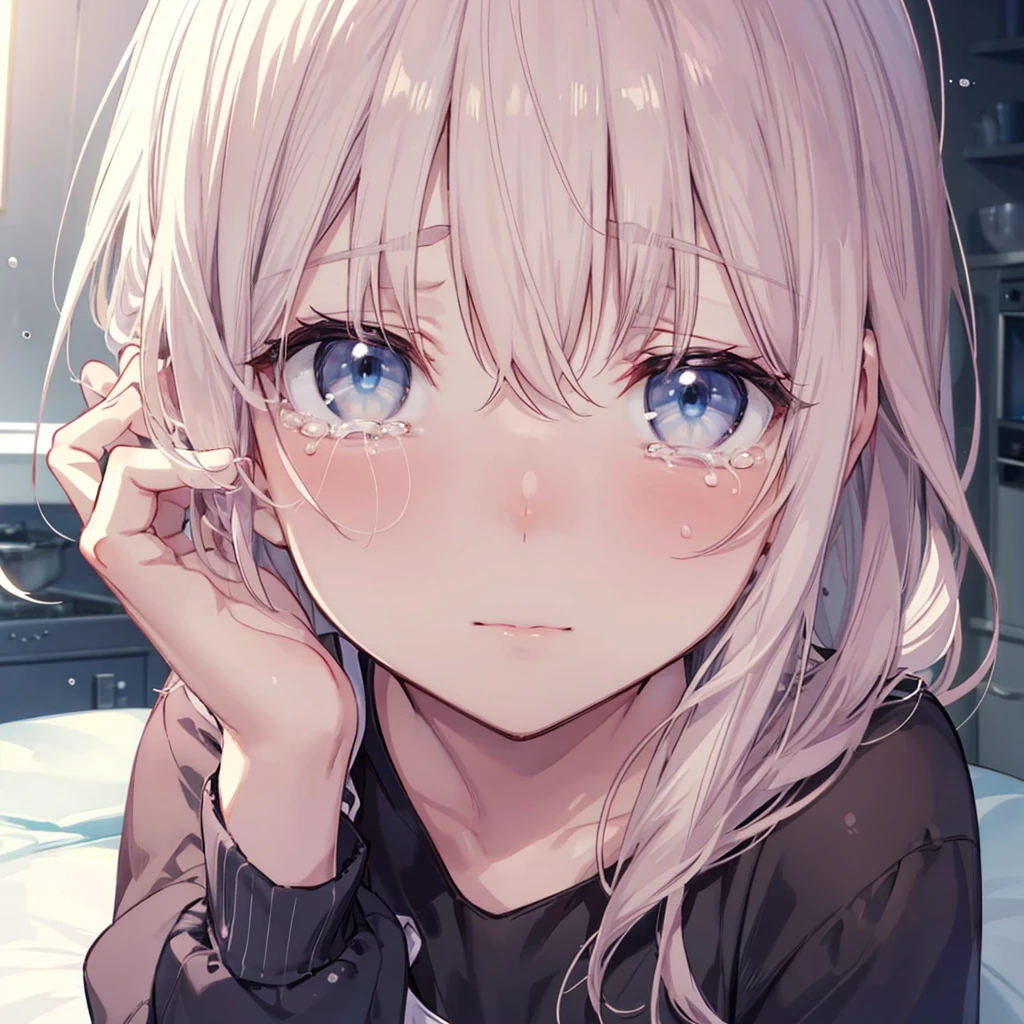 (looking at viewer, open eyes, alone, closeup face, typemoon, official art, ), solo, 1female, crying female, kitchen, embarrassed, hands on cheeks, cool face, front face,