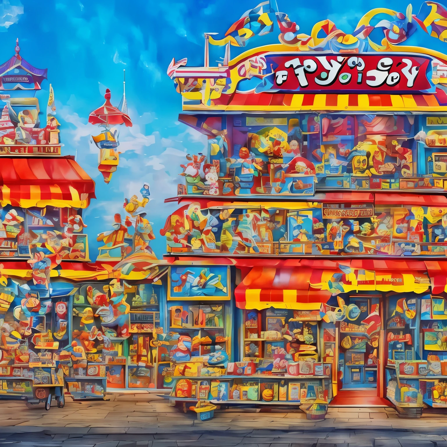 best quality, 32k, RAW photo, incredibly absurdres, extremely detailed, art written with water-based paints, the world of toys shining in the window of a toy store, (a sign above the store that says”toy store”:1.4), dream fantasy, background shopping street