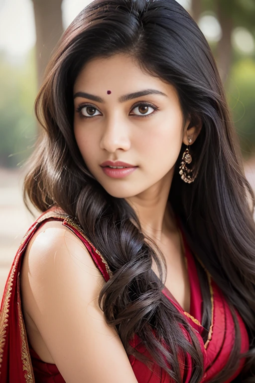 Portrait of A confident-looking indian woman with long flowing hair, hazel eyes, with topless flowing capes, sitting in the park, perfect composition, hyperrealistic, super detailed, 8k, high quality, trending art, trending on artstation, sharp focus, studio photo, intricate details, highly detailed, art by greg rutkowski