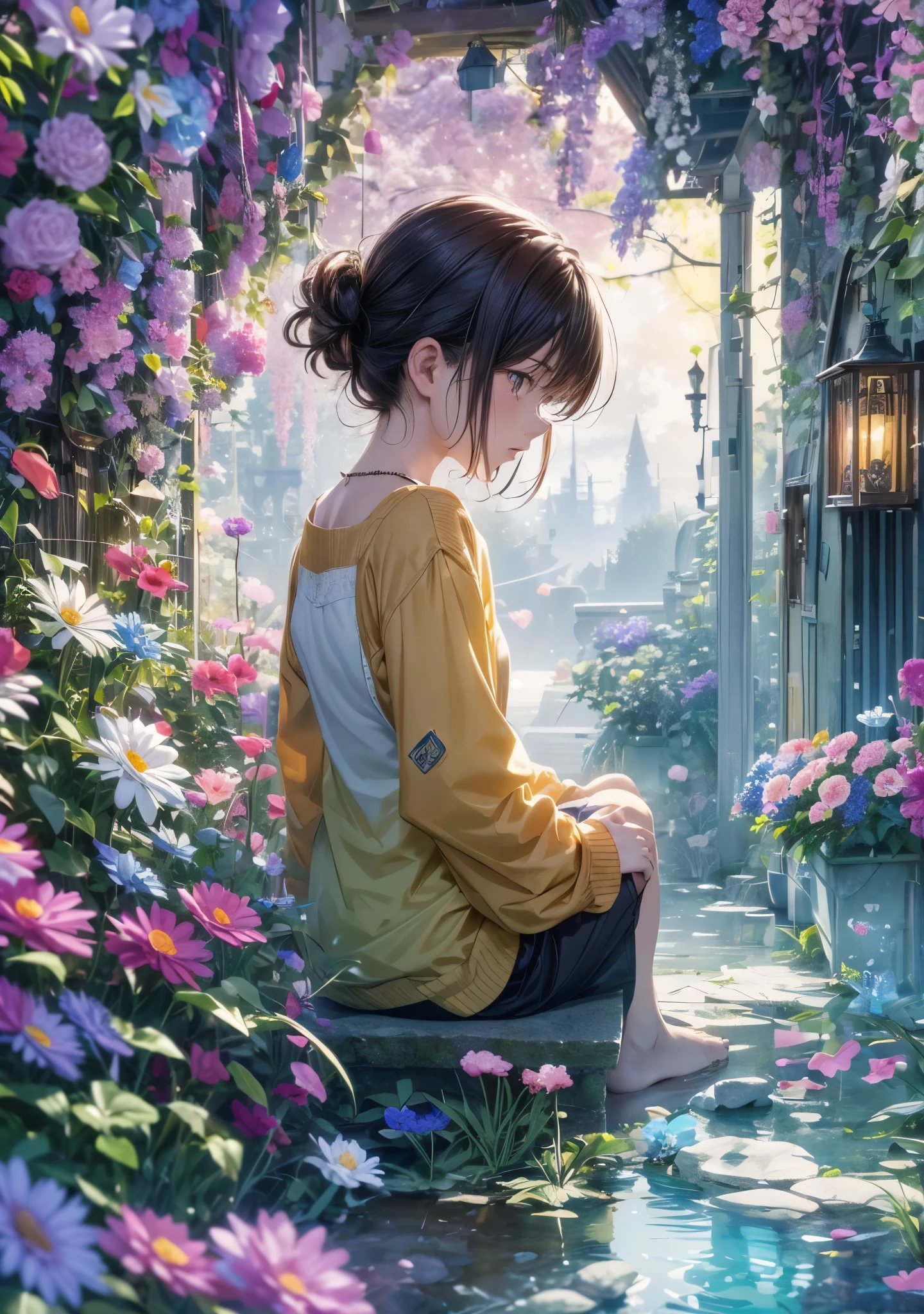 melody mark,highest quality,pieces fly,1 female、alone,(nostalgic scenery:1.5),(At the center of the world is the most beautiful woman in the world),A ray of light spreads,Crystals spreading from the center,prism,(colorful flowers:1.5),(full moon: 1.2),(rainbow: 1.3),(warm light: 1.2),(RAW photo),You turned your back and started walking,Without words to exchange,Inside my shaking heart,cried like a child,Do not go,I turned my back and started walking,I have to go before my tears fall,I pretended that I didn't like being too happy,The ideal future I was forced to let go of,A wish that cannot be regained,A small one-room room that feels a little spacious,It seems to widen the gap in my heart,Every minute feels a little long,If I could spend time with you,Is this a world where even wishing is not allowed?,Even a single lie can bring tears to your eyes,I have committed countless crimes,touching that hand,I tried to live quietly next to you,Inside finite memories and time, where every time you pick up one of the present, you throw away one of the past.,My existence, just sitting there, will surely disappear from your memory.,I can never go back?Is this the beginning or the end?,The night I sleep in a wide bed is not yet over,またalone夢を見るよ君の記憶を辿る夢を,I'll make up for it with the pain of loneliness, so let me stay quietly in your memory.,It would be nice if we could meet again with the same feelings.,