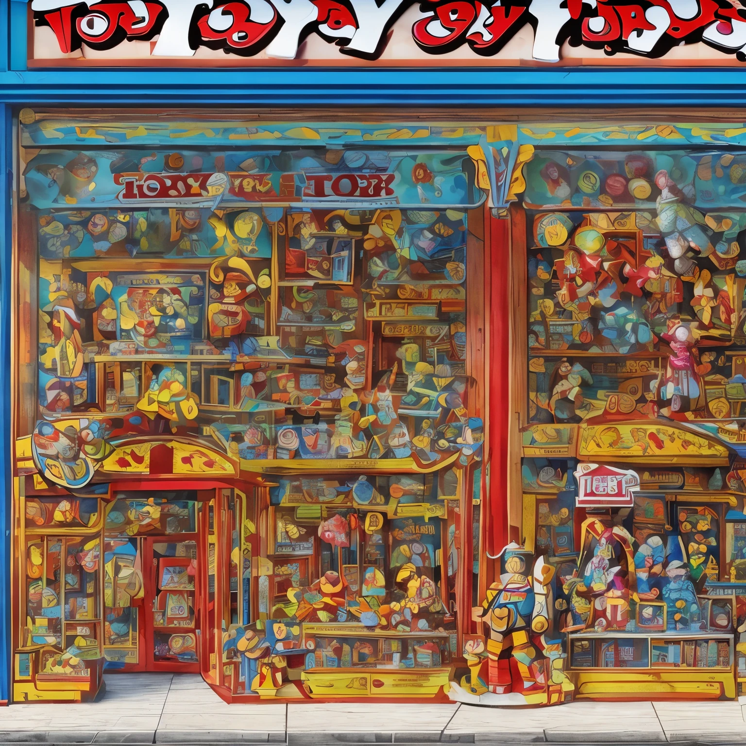 best quality, 32k, RAW photo, incredibly absurdres, extremely detailed, dream fantasy art, the world of toys shining in the window of a toy store, (a sign above the store that says”toy store”:1.7), background shopping street