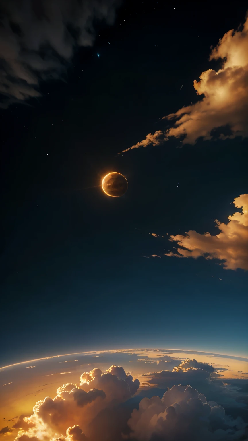 resplendent sky,and golden planet,intertwined with clouds