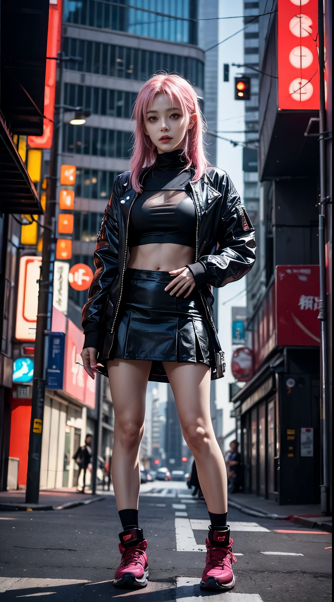 Anime girl posing on city street，japanese girl，long pink hair，Ruffled miniskirt，vein punk style，cyberpunk streetwear，Female Cyberpunk Anime Girl，cyberpunk anime girl，Wear cyberpunk streetwear，Cyberpunk fashion clothing，Cyberpunk Fashion Clothinodel girl with cyborg style，