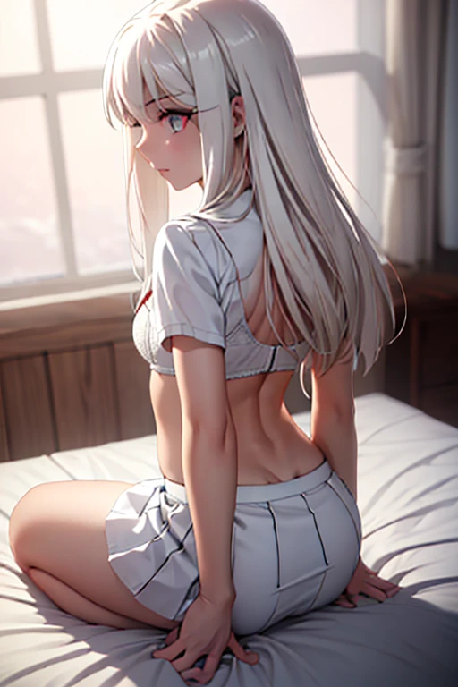 1girl, best qualitygood hd quality,8k resolution,well detailed face,eyesquality 8k masterpiece, high resolution, solo,extremely detailed CG, 8k wallpaper, {illyasviel_von_einzbern:1.15}, long_hair, white_hair, red_eyes,short skirt, white miniskirts, wide thighs, position on all fours, bed,  white skirt, cruched, crouched face down,perfect butt, nice thighs, white bra, raised skirt