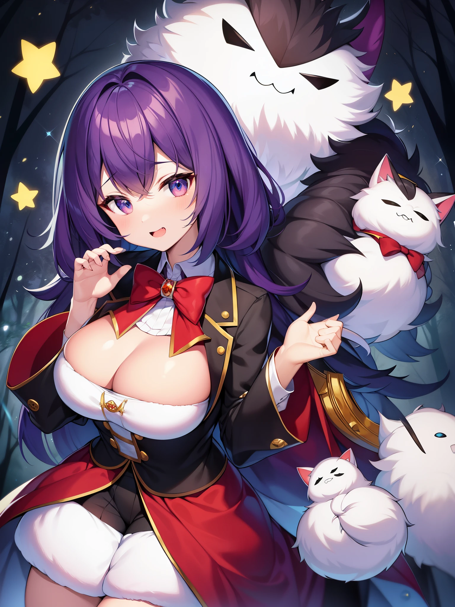 
FANTZ MONSTER DESIGN, A super cute fluffy monster wearing a tuxedo, in a (dark forest:1.2) background in the style-sylvamagic, 8k, absurdres, high quality