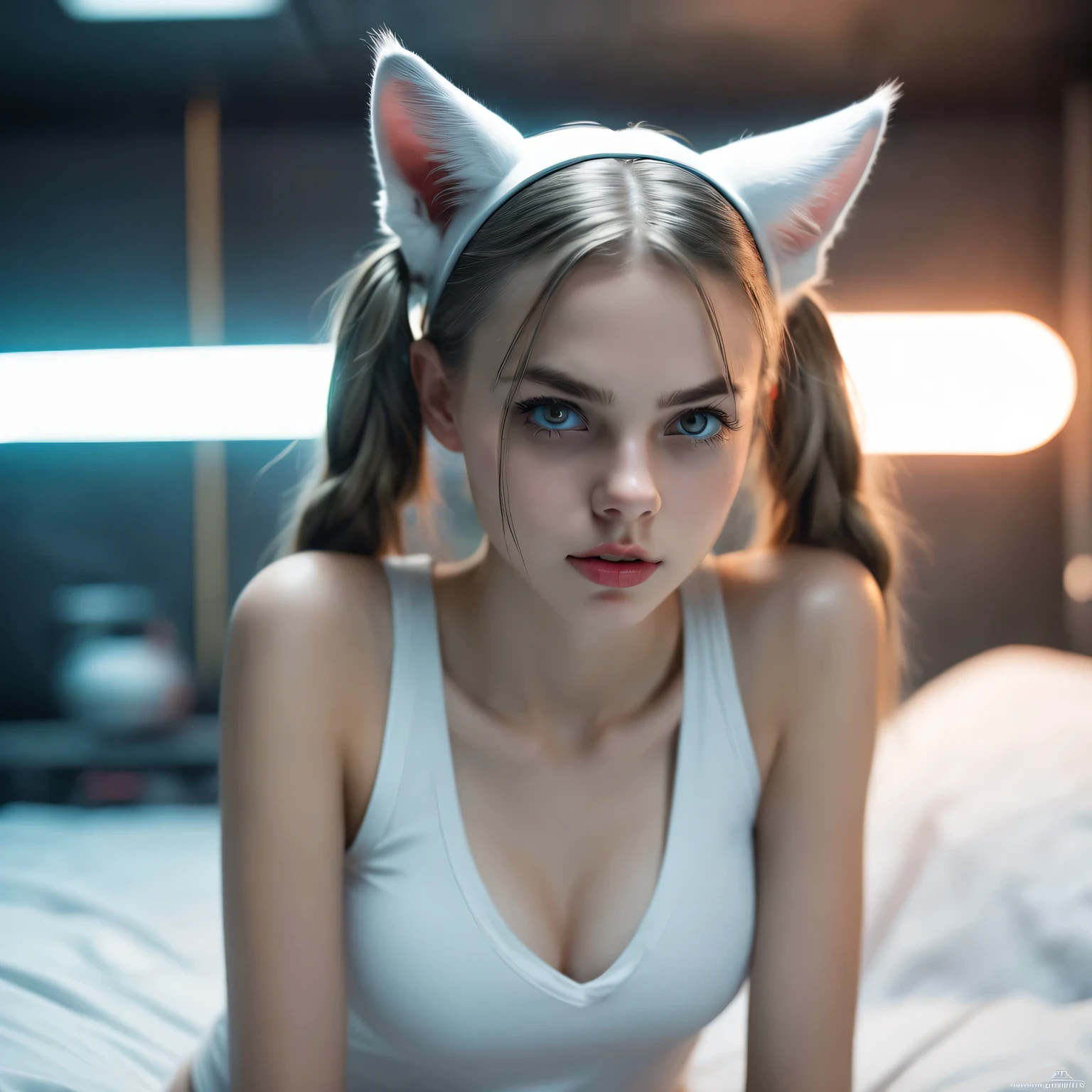 White girl, sitting on a bed, in a cyberpunk steel bunker with hatches etc., in the background. she wearing white cats ears. She has twintail hairstyle. girl, slim petite, smalirl, beal breasts. Masterpiece, 8k, 4k, high resolution, dslr, ultra quality, sharp focus, tack sharp, dof, film grain, Fujifilm XT3, crystal clear, 8K UHD, beautiful eyes with very large Dilated pupils, high detailed skin, skin pores, seductive, look, bewitching lady with beautiful long hair, full lips, long legs, lovely face wearing torn vaultsuit clothes. , realistic colors, realistic, photorealistic