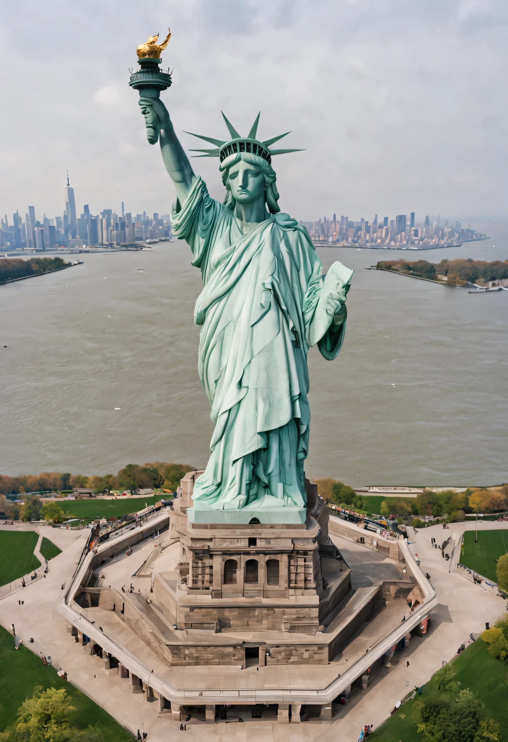 Statue of Liberty base,略微looking down,New York Statue of Liberty,looking down,Overlooking the base,front,front底座