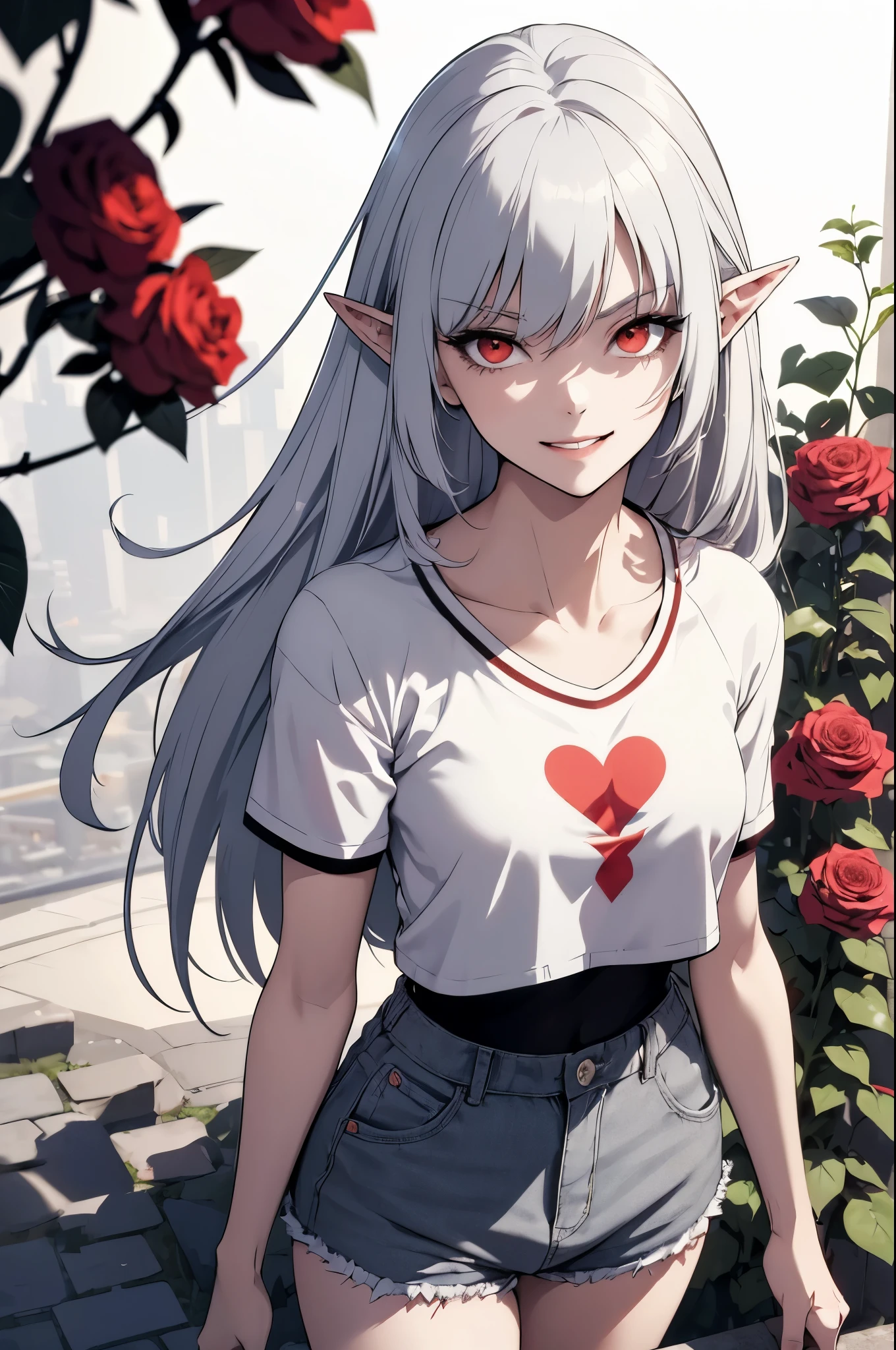 alice,vampire,grey hair, long hair, red eyes, pointy ears, small breasts,young beautiful girl, smiling, looking at the camera, standing in front of a clump of roses, wearing shorts and t-shirt, white sneakers. Wearing a top and shorts, flowers, full-body photo, casual pose, slender legs
