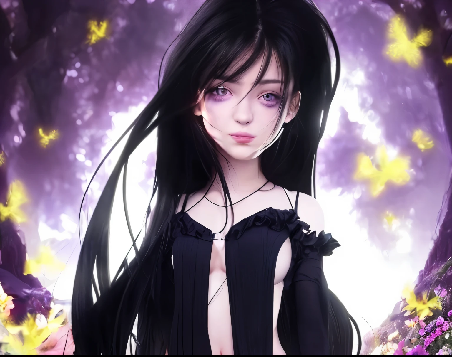 realistic, 1girl, black hair, purple eyes, glowing eyes, crop top, skirt, parted lips, blush, night, flowers, sun, sunlight,