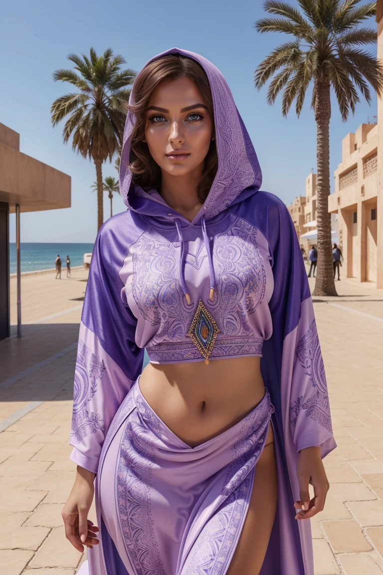 Instagram-Models posieren in corniche of Casablanca, in colorful futuristic kaftan hoodie, full entire body, beautiful detailed eyes, beautifully detailed lips, extremely detailed eyes and face, kurzes, welliges rosa Haar ((best qulaity)), ((Meisterwerk)), (detailliert), perfektes Gesicht, full entire body