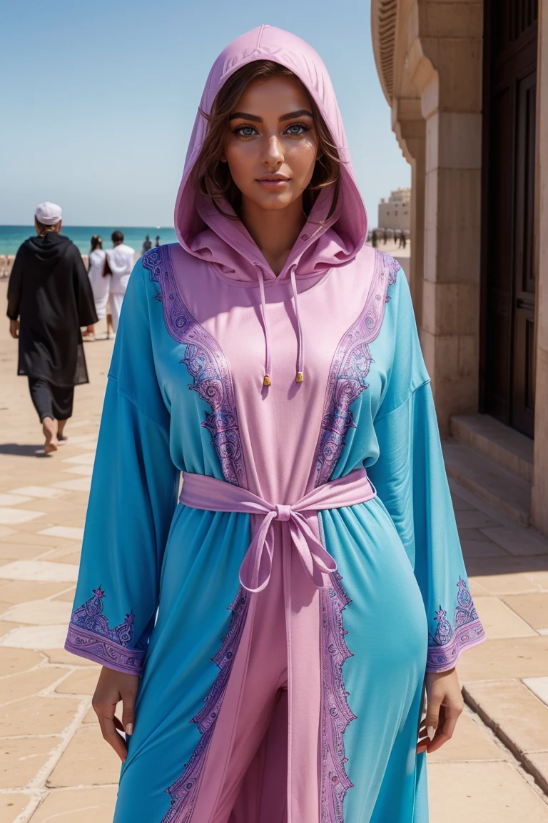 Instagram-Models posieren in corniche of Casablanca, in colorful futuristic kaftan hoodie, full entire body, beautiful detailed eyes, beautifully detailed lips, extremely detailed eyes and face, kurzes, welliges rosa Haar ((best qulaity)), ((Meisterwerk)), (detailliert), perfektes Gesicht, full entire body