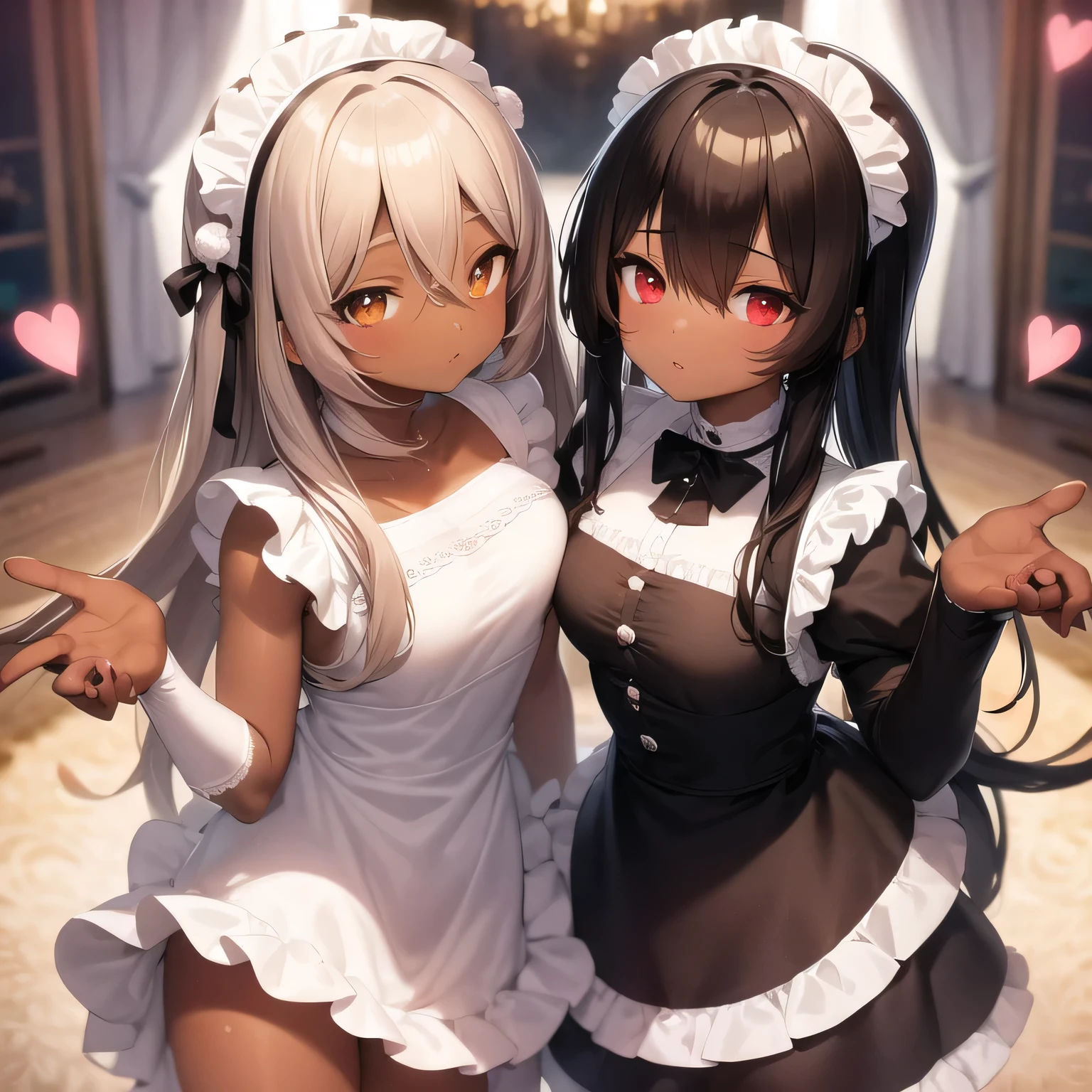 anime,chocolate dark-skinned female,wearing a maid outfit,Eye color is amber,are twins,Background inside the mansion,The composition is stylish,cute heart effect