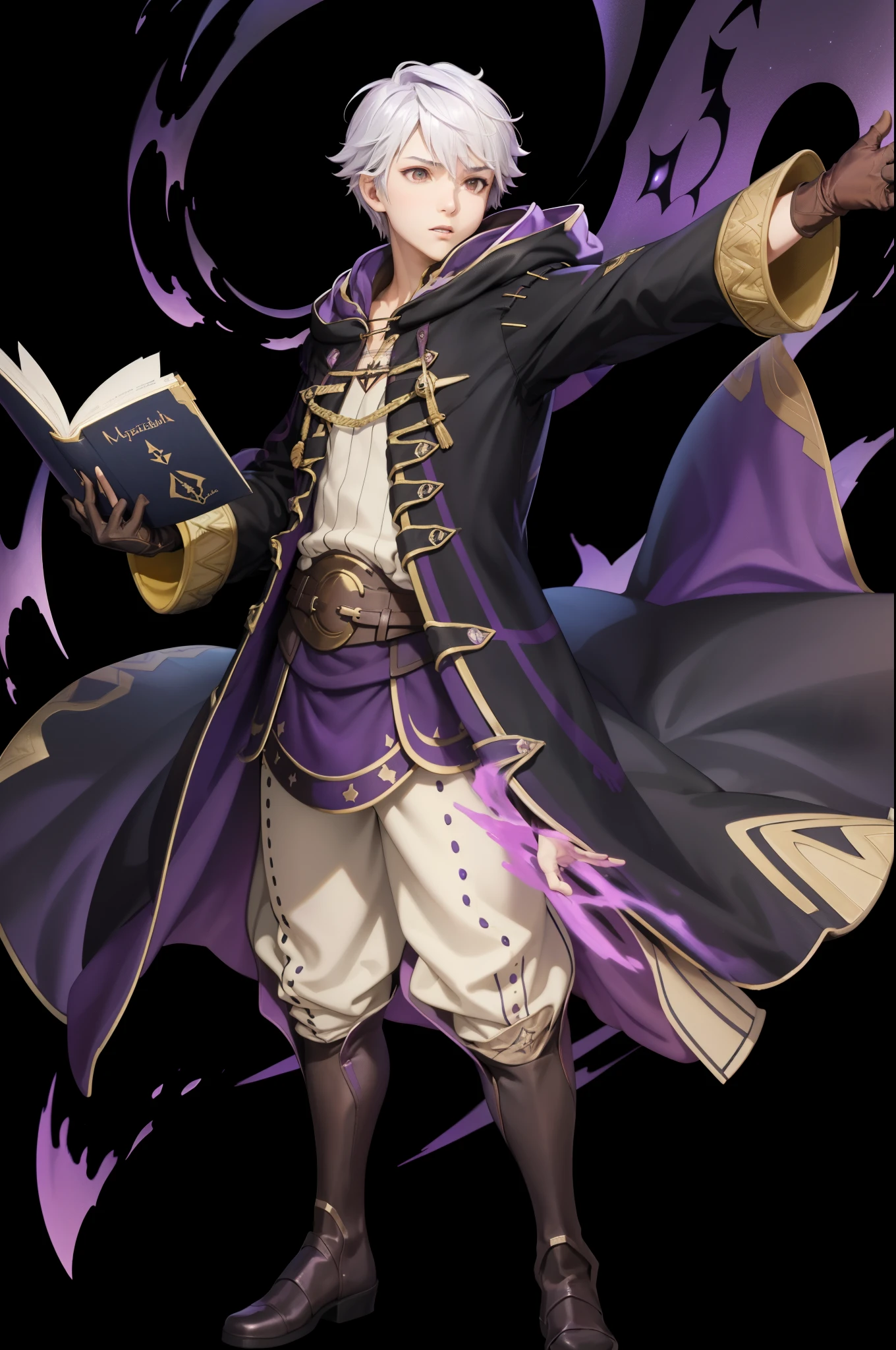 masterpiece, best quality, malerobin, hood, brown eyes, wizard, robe, pants, gloves, holding book, FEH, whole body, standing, from side, black background,  background, purple magic, casting magic, outstretched arm  