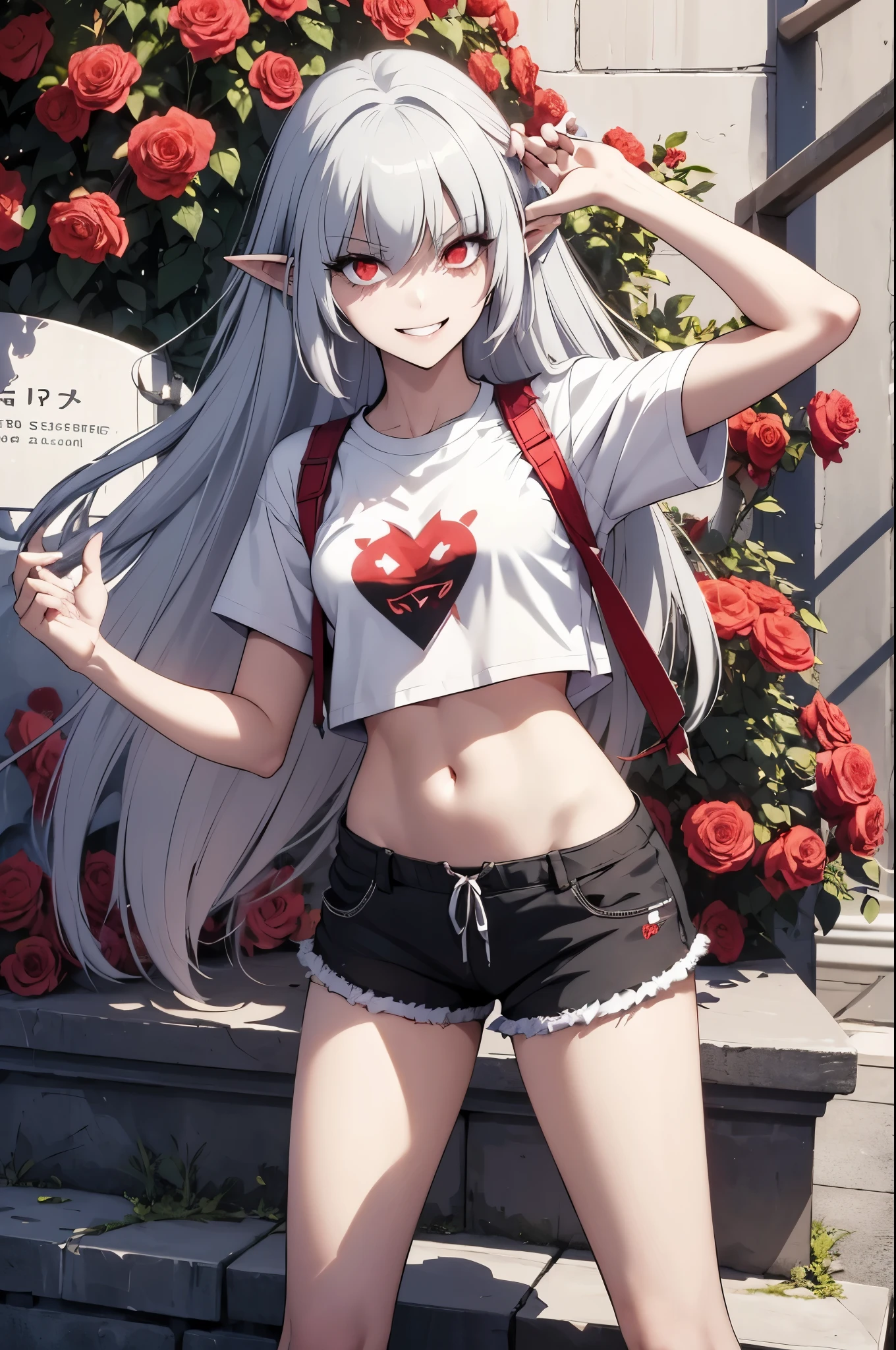 alice,vampire,grey hair, long hair, red eyes, pointy ears, small breasts,young beautiful girl, smiling, looking at the camera, standing in front of a clump of roses, wearing shorts and t-shirt, white sneakers. Wearing a top and shorts, flowers, full-body photo, casual pose, slender legs
