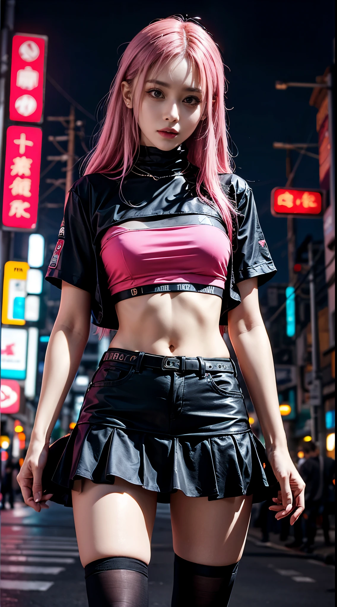 Anime girl posing on city street，japanese girl，long pink hair，Ruffled miniskirt，vein punk style，cyberpunk streetwear，Female Cyberpunk Anime Girl，cyberpunk anime girl，Wear cyberpunk streetwear，Cyberpunk fashion clothing，Cyberpunk Fashion Clothinodel girl with cyborg style，