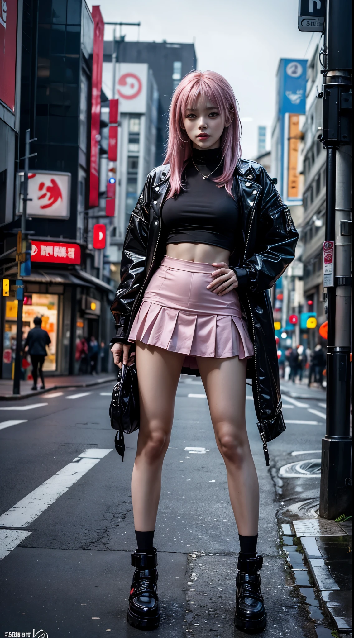 Anime girl posing on city street，japanese girl，long pink hair，Ruffled miniskirt，vein punk style，cyberpunk streetwear，Female Cyberpunk Anime Girl，cyberpunk anime girl，Wear cyberpunk streetwear，Cyberpunk fashion clothing，Cyberpunk Fashion Clothinodel girl with cyborg style，