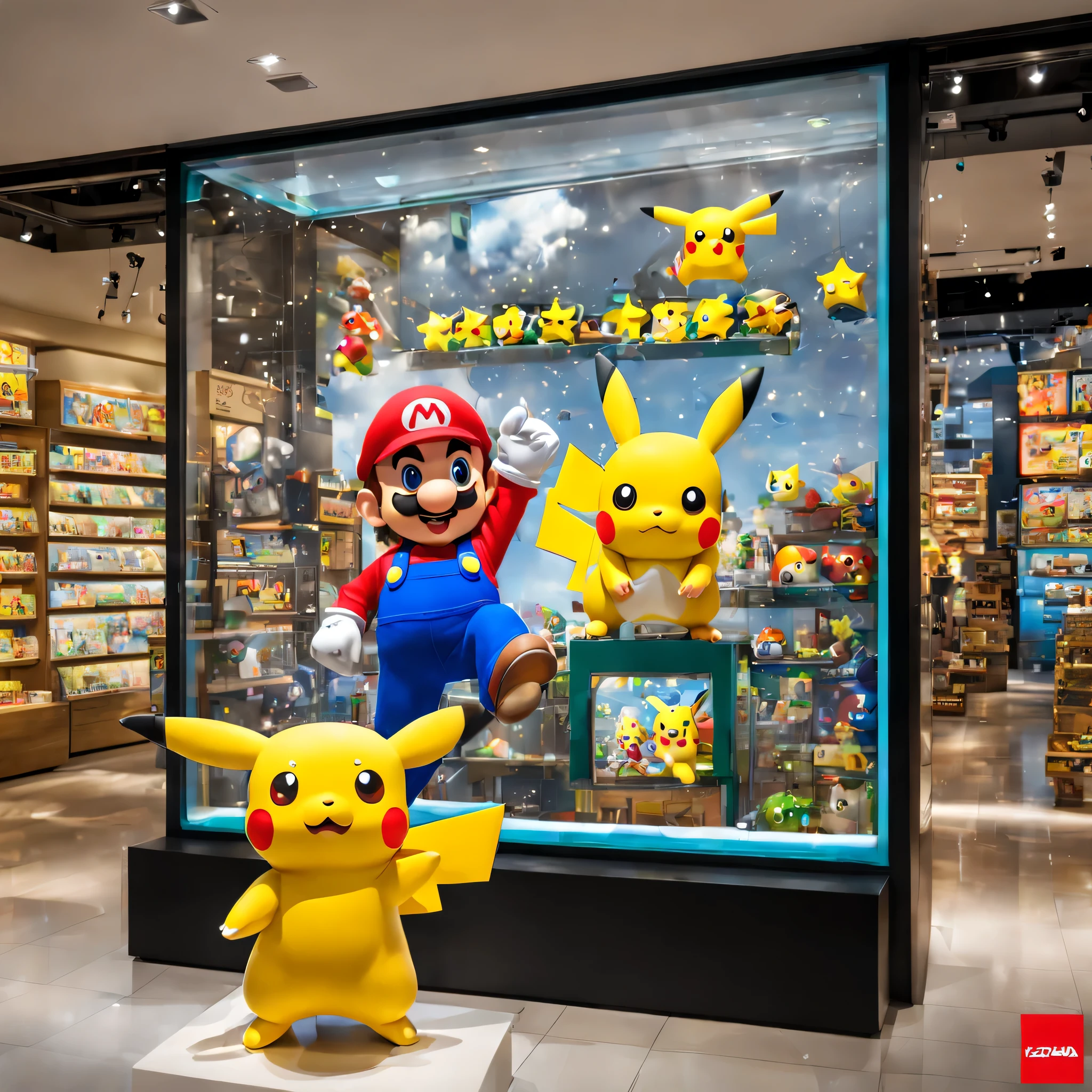 (Toy Store window display), (window display:1.3), Game screen displayed on monitor, game machine, handheld game machine, chibi figures, Mario, Pikachu, (best configuration), (masterpiece), (highest quality), (Ultra high detail)