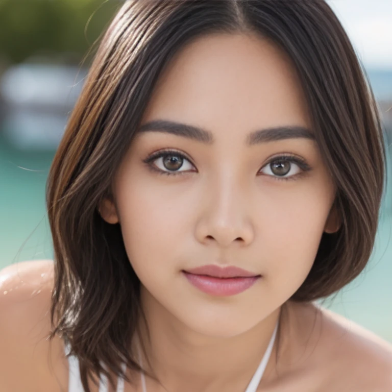 Japanese actress Asami Mizukawa,Transparent beautiful skin、Eyes with long slits and a cool impression、black hair suits you、Makeup that is not too flashy、Makeup looks natural、small face、The nasal muscles are passing through、the corners of the mouth are turned upwards、The width of the forehead、Less than one third of the vertical width of the face、The boundary between the eyebrows and the base of the nose is deeply depressed、The distance between the left and right eyes is、Narrower than one eye width、the distance between the eyes and eyebrows、Narrower than one vertical width of the eye、The outline is、Oval or oblong type、((top-quality)), ((masterpiece)), (detaileds:1.4)、in 8K、best qualtiy,sface focus,Soft light,(depth of fields),Super high resolution,RAW Photos,large boob,The bikini,(from the front side),adolable,A smile,Brown-eyed,Detailed beautiful face,sexy pose、the beach,splashing waves,mare,white bikini,whole body, seducing,