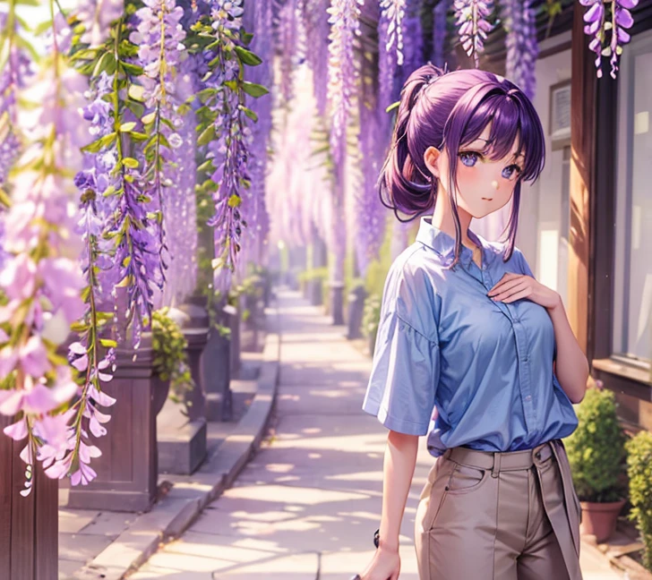 A beautiful woman with a wisteria purple ponytail and long hair tied in the back is standing wearing light blue clothes and long brown pants.。